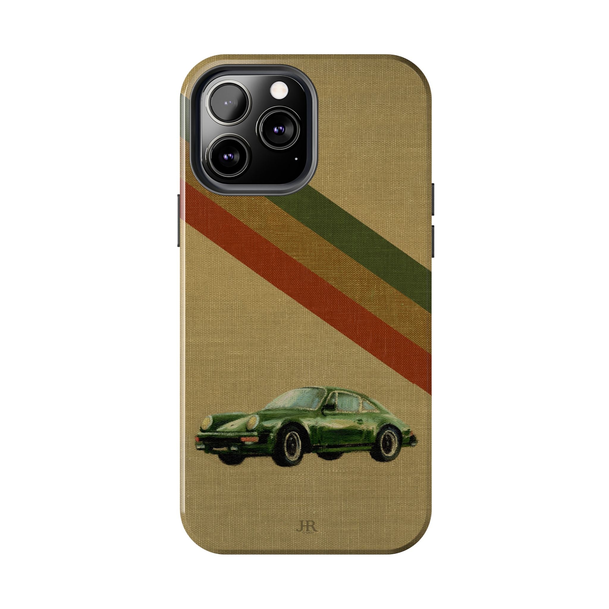 Phone case with a Porsche green car illustration on a beige linen background