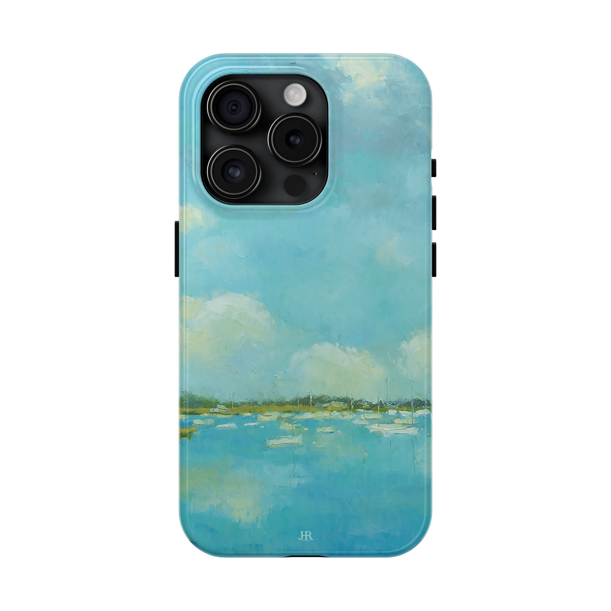 Phone case with painting by Jennifer Hansen Rolli of coastal blue water and sky with boats