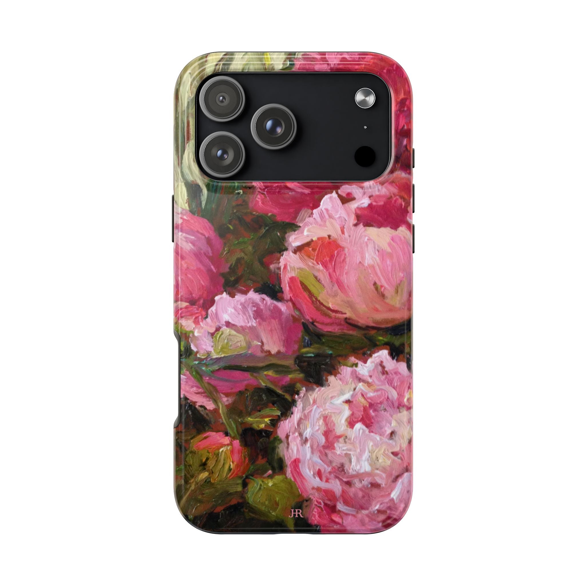 Phone case with pink and red peony floral painting  by Jennifer Hansen Rolli 
