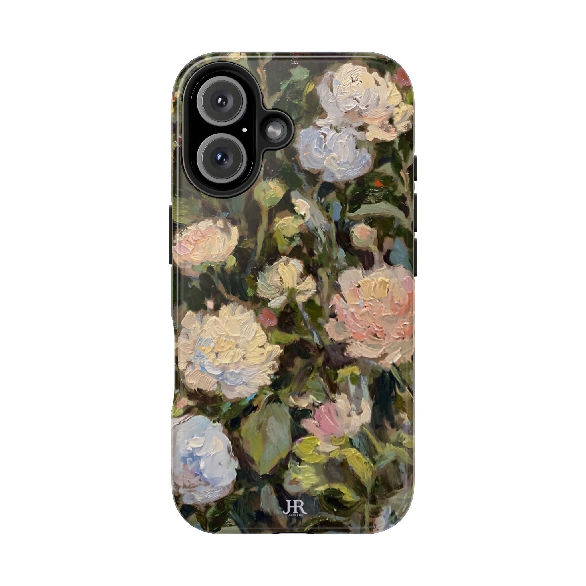 Phone case with Jennifer Hansen Rolli painted peonies on a garden  background