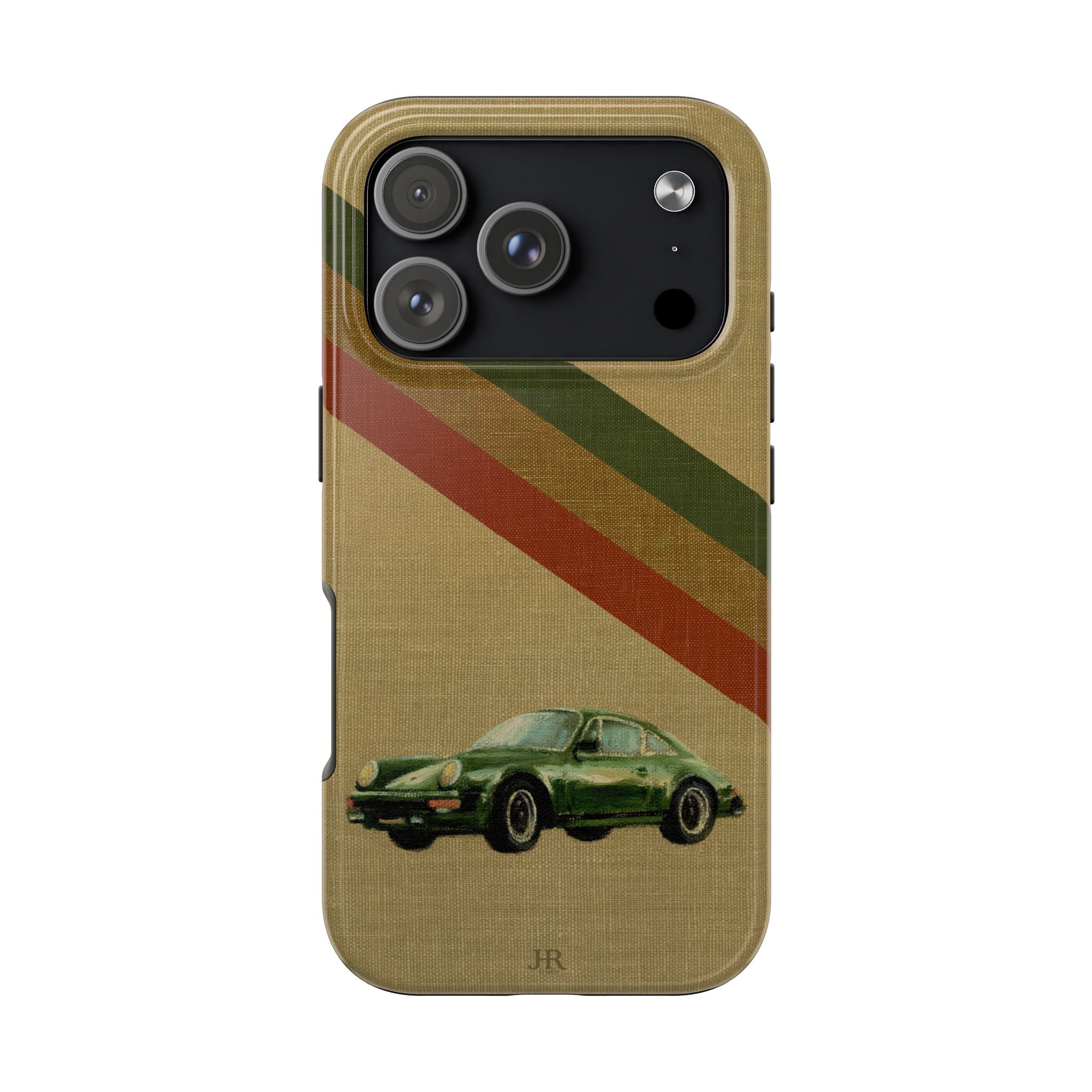 Phone case with a Porsche green car illustration on a beige linen background with racer stripes