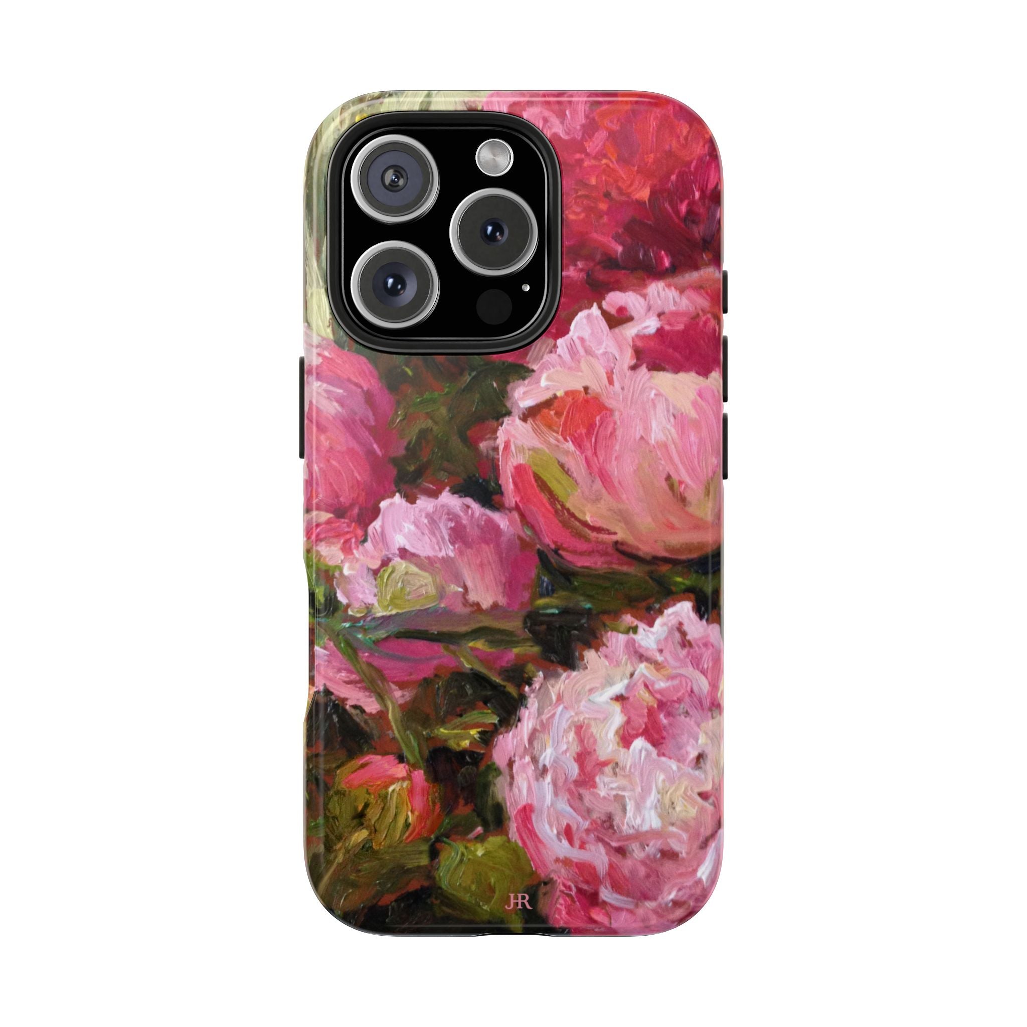 Phone case with pink and red peony floral painting  by Jennifer Hansen Rolli 