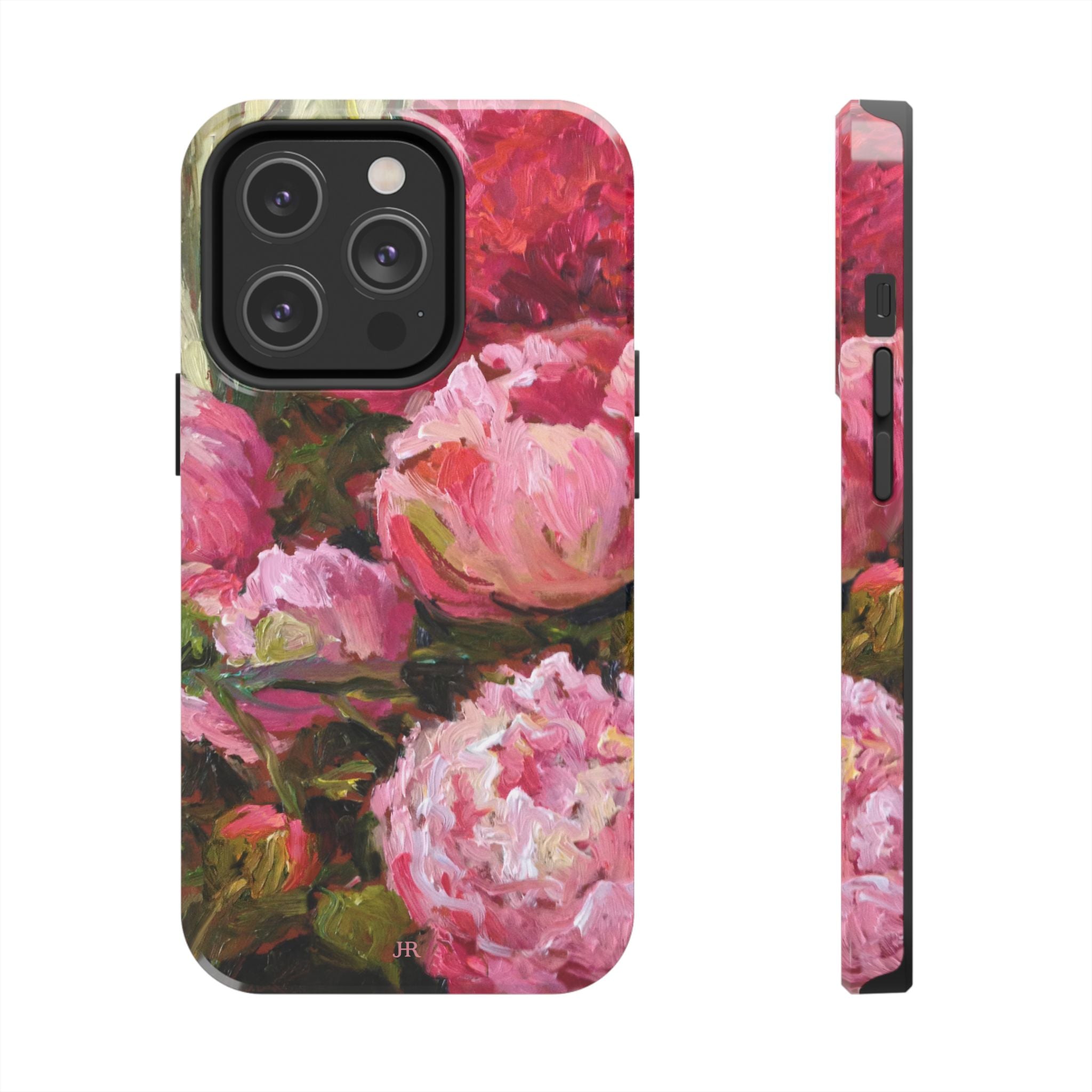 Phone case with pink and red peony floral painting  by Jennifer Hansen Rolli 
