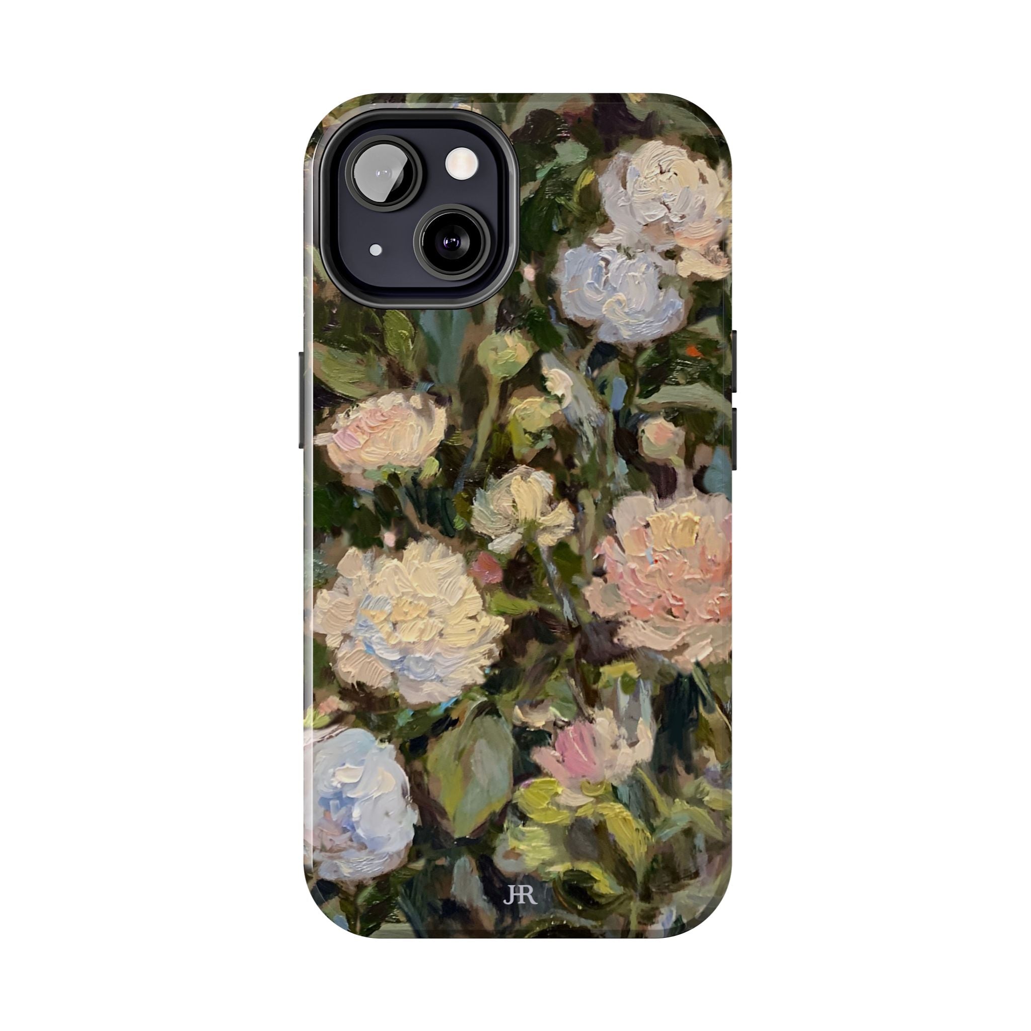 Phone case with Jennifer Hansen Rolli painted peonies on a garden  background