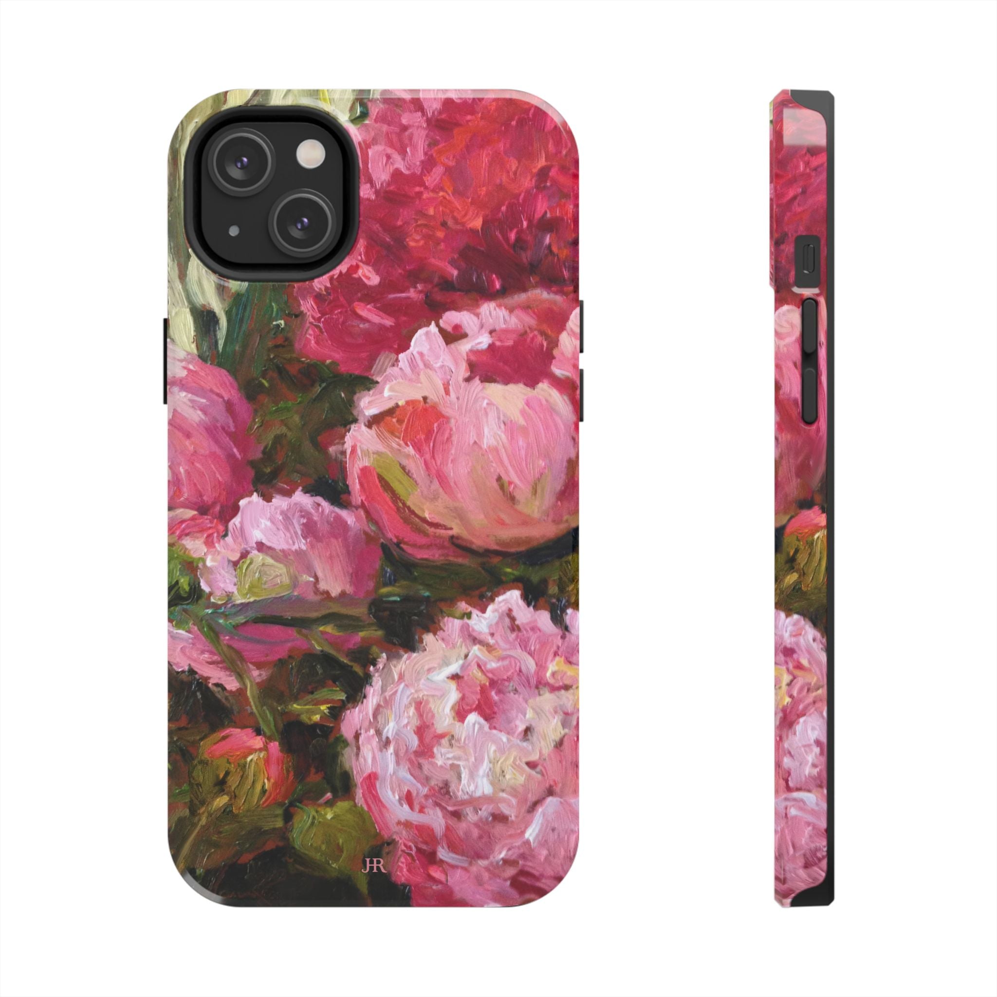 Phone case with pink and red peony floral painting  by Jennifer Hansen Rolli 