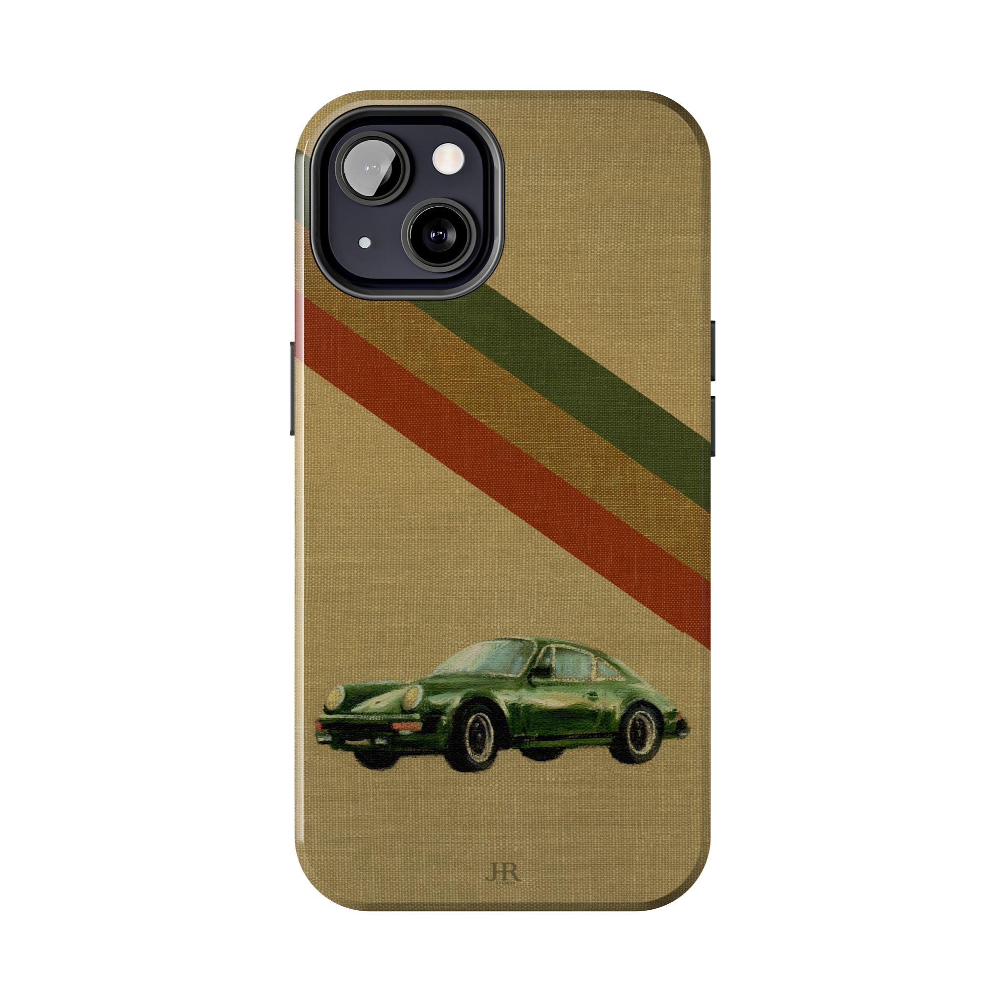 Phone case with a Porsche green car illustration on a beige linen background