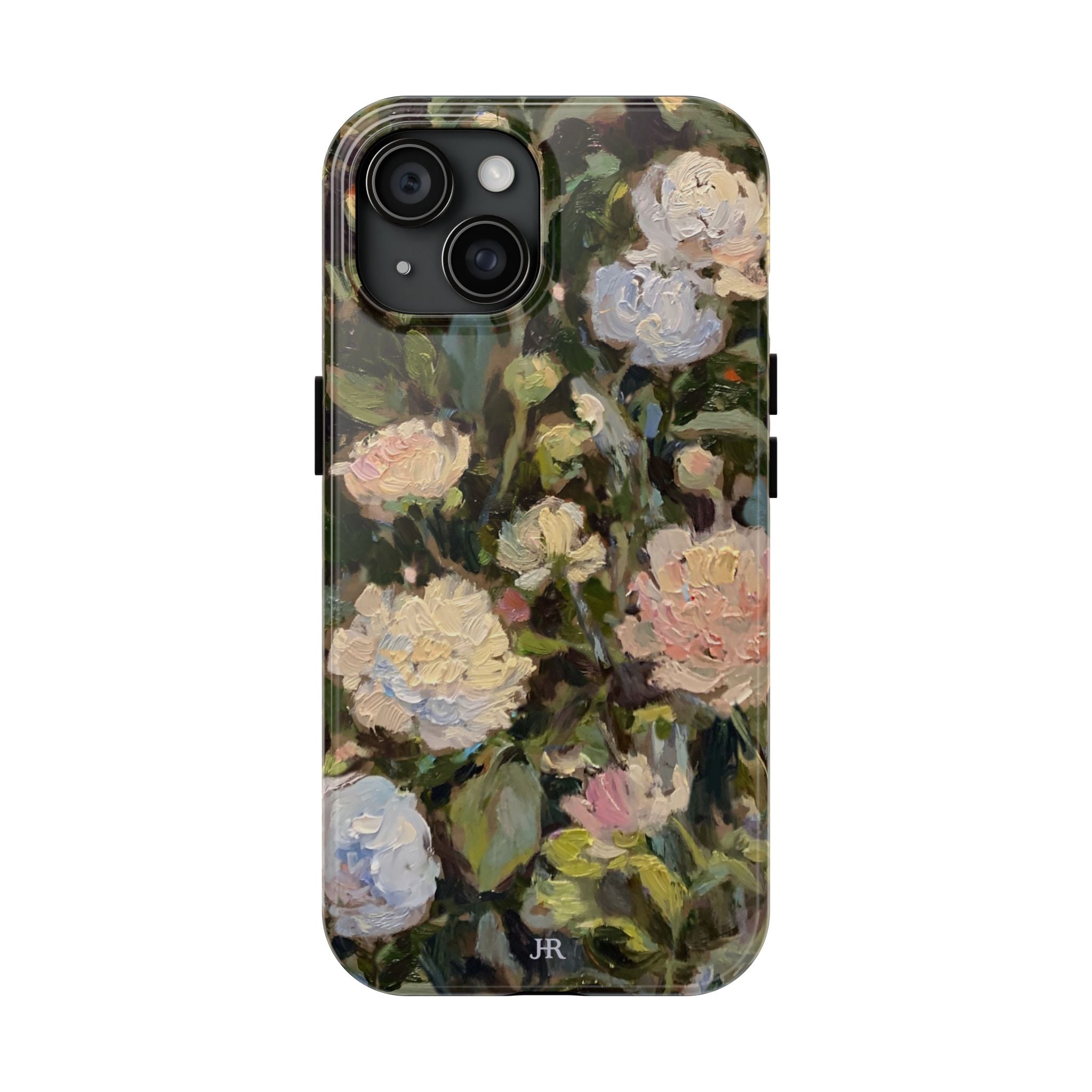 Phone case with Jennifer Hansen Rolli painted peonies on a garden  background