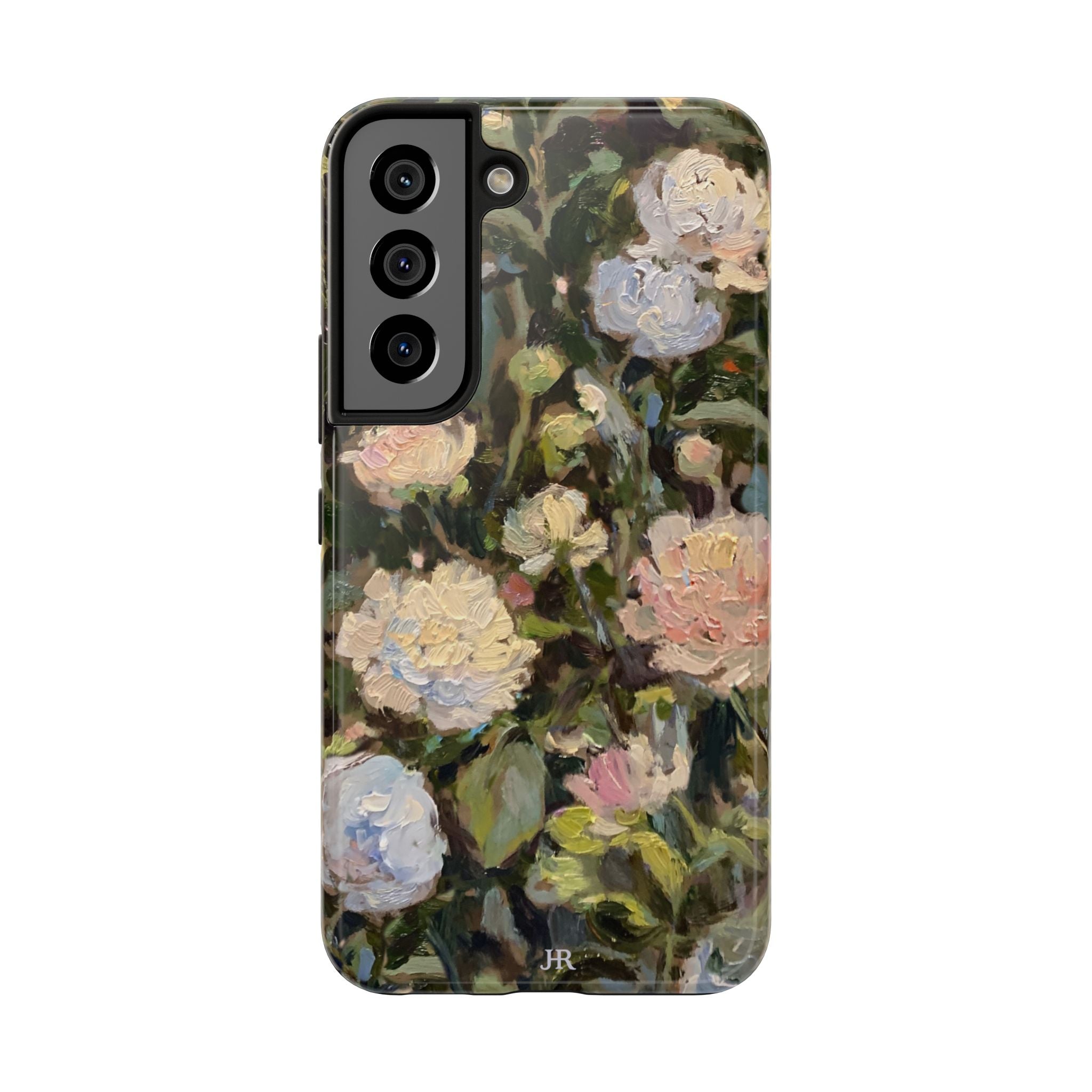 Phone case with Jennifer Hansen Rolli painted peonies on a garden  background