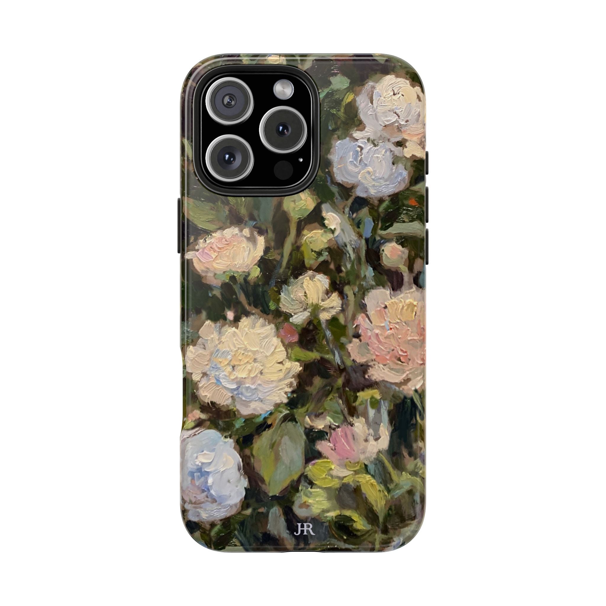 Phone case with Jennifer Hansen Rolli painted peonies on a garden  background