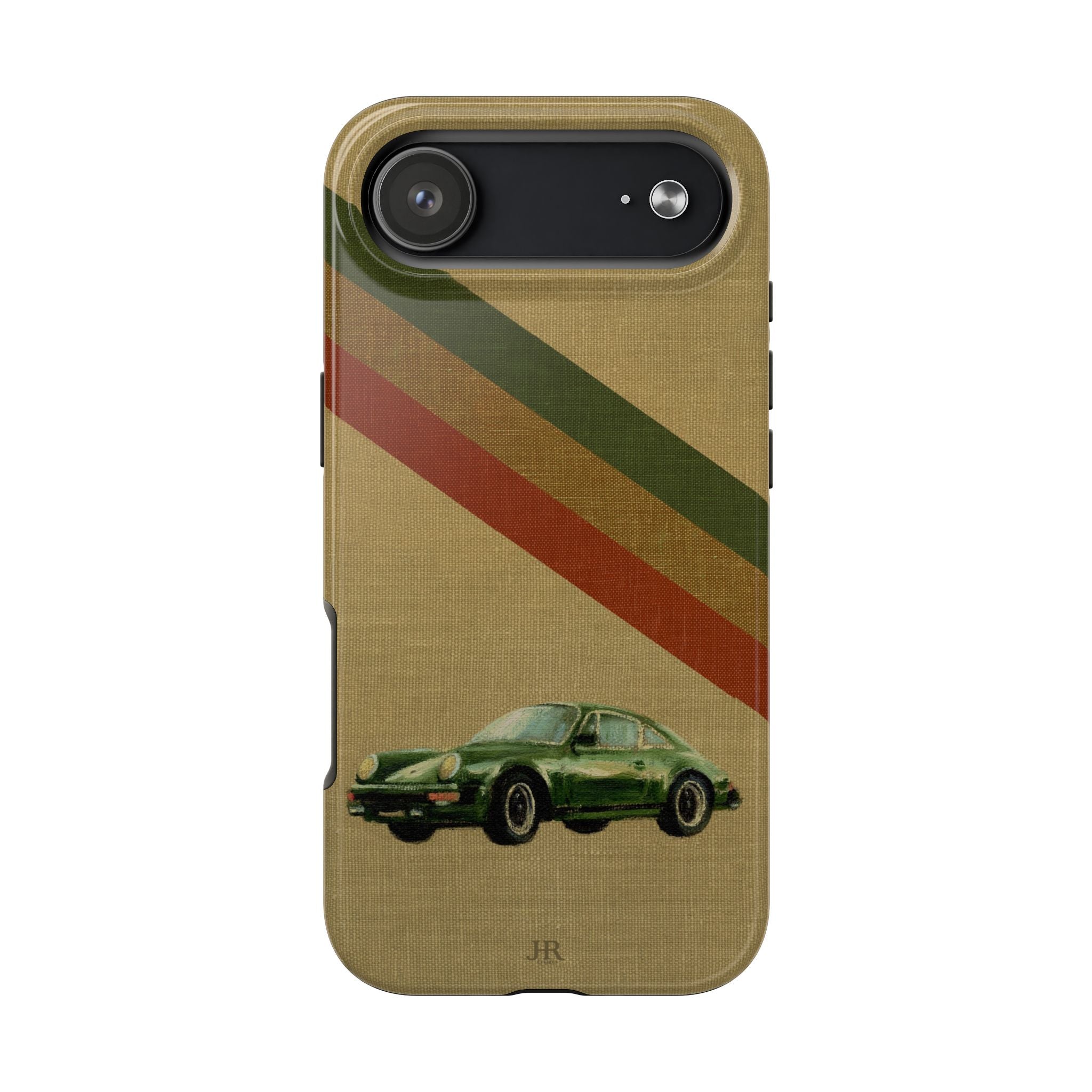 Phone case with a Porsche green car illustration on a beige linen background with racer stripes