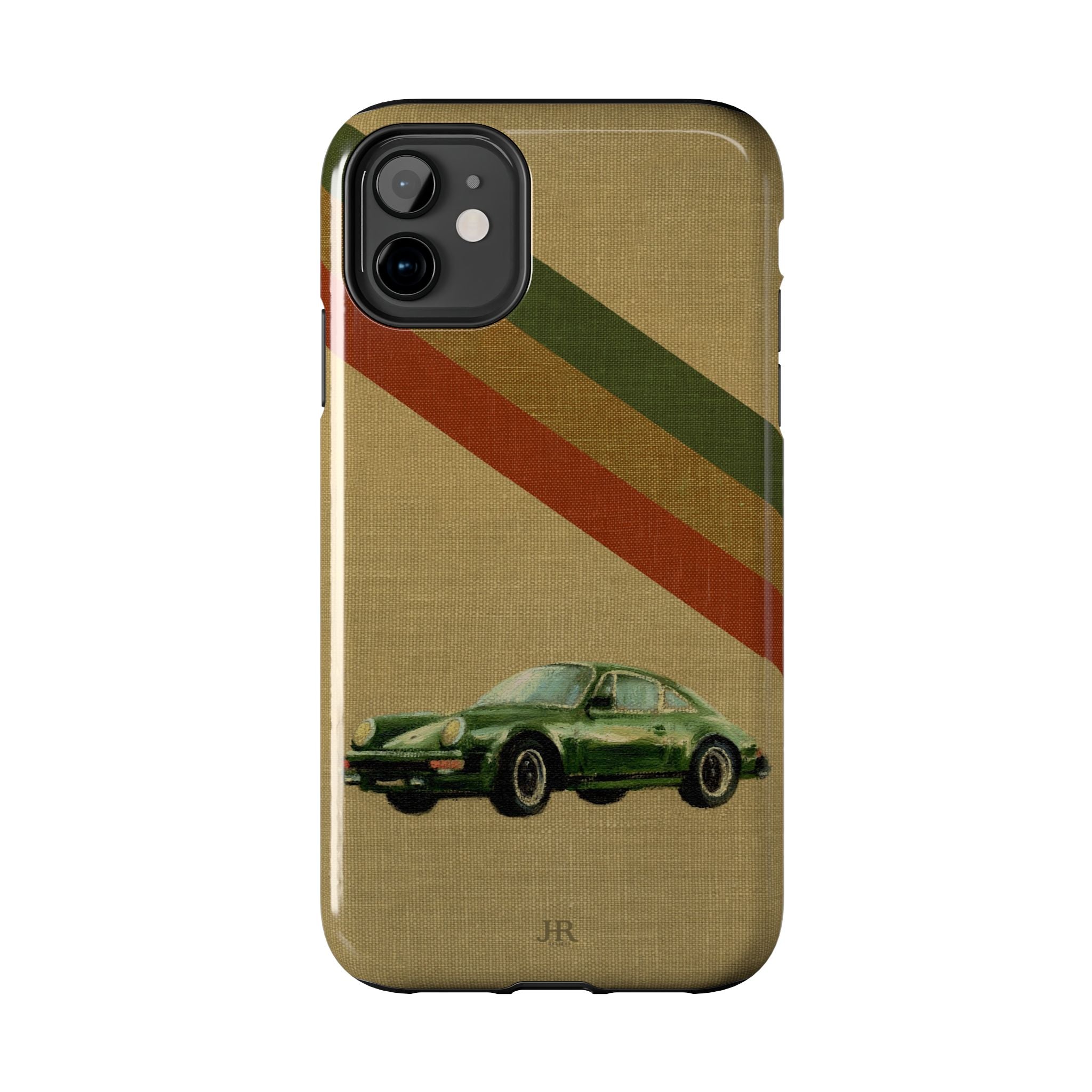 Phone case with a Porsche green car illustration on a beige linen background
