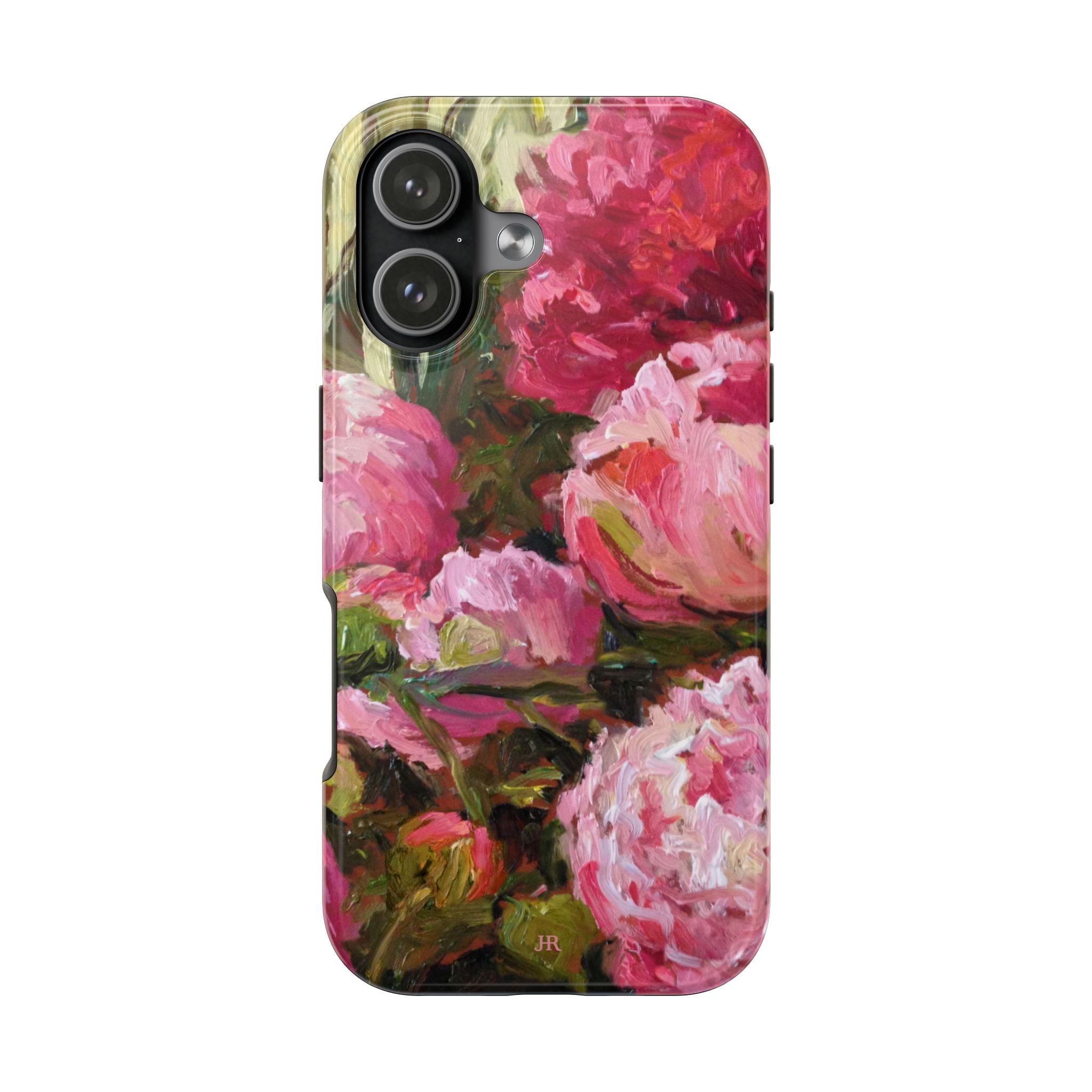 Phone case with pink and red peony floral painting  by Jennifer Hansen Rolli 