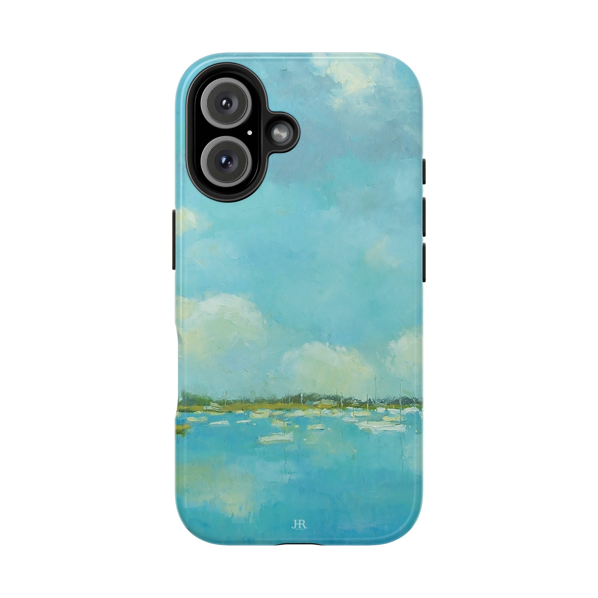 Phone case with painting by Jennifer Hansen Rolli of beachy coastal  blue water and sky with boats