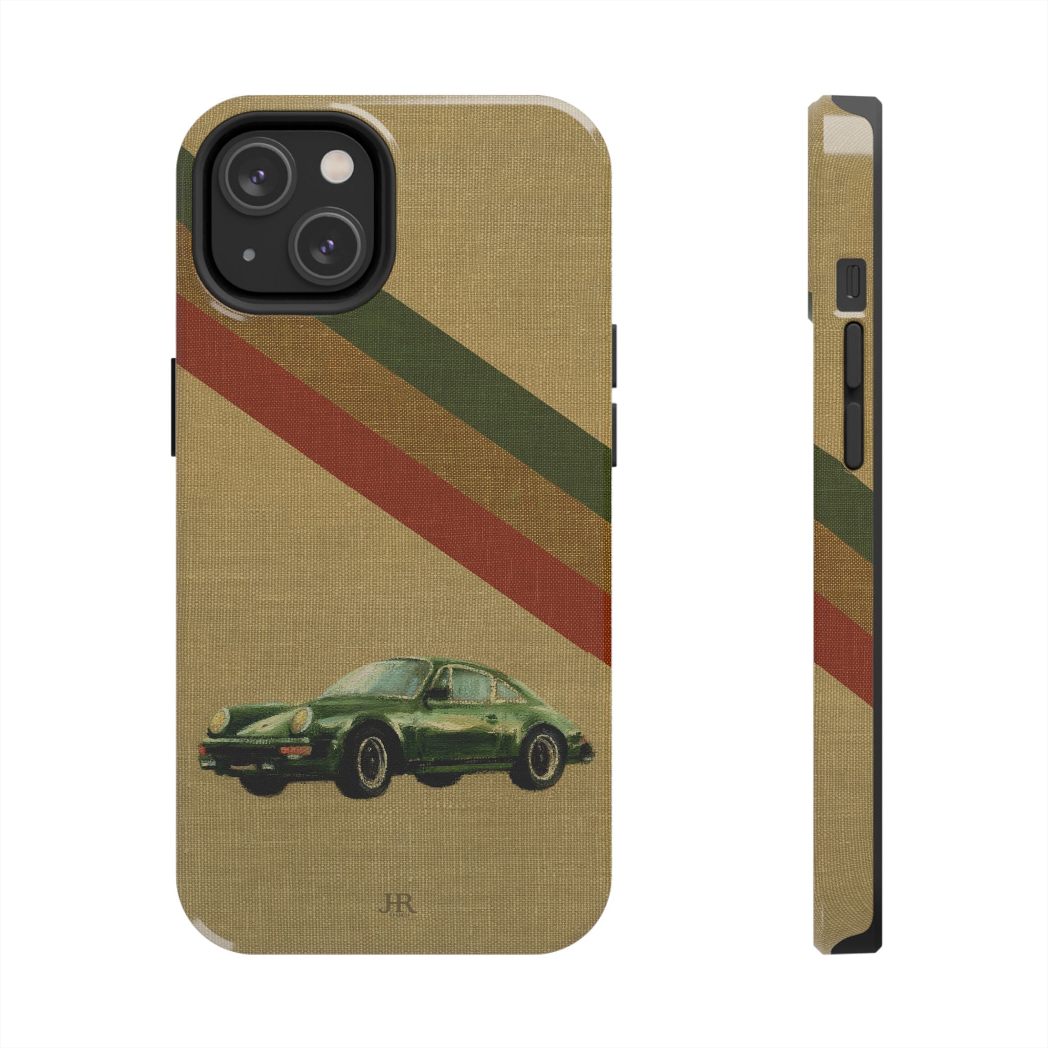Phone case with a Porsche green car illustration on a beige linen background