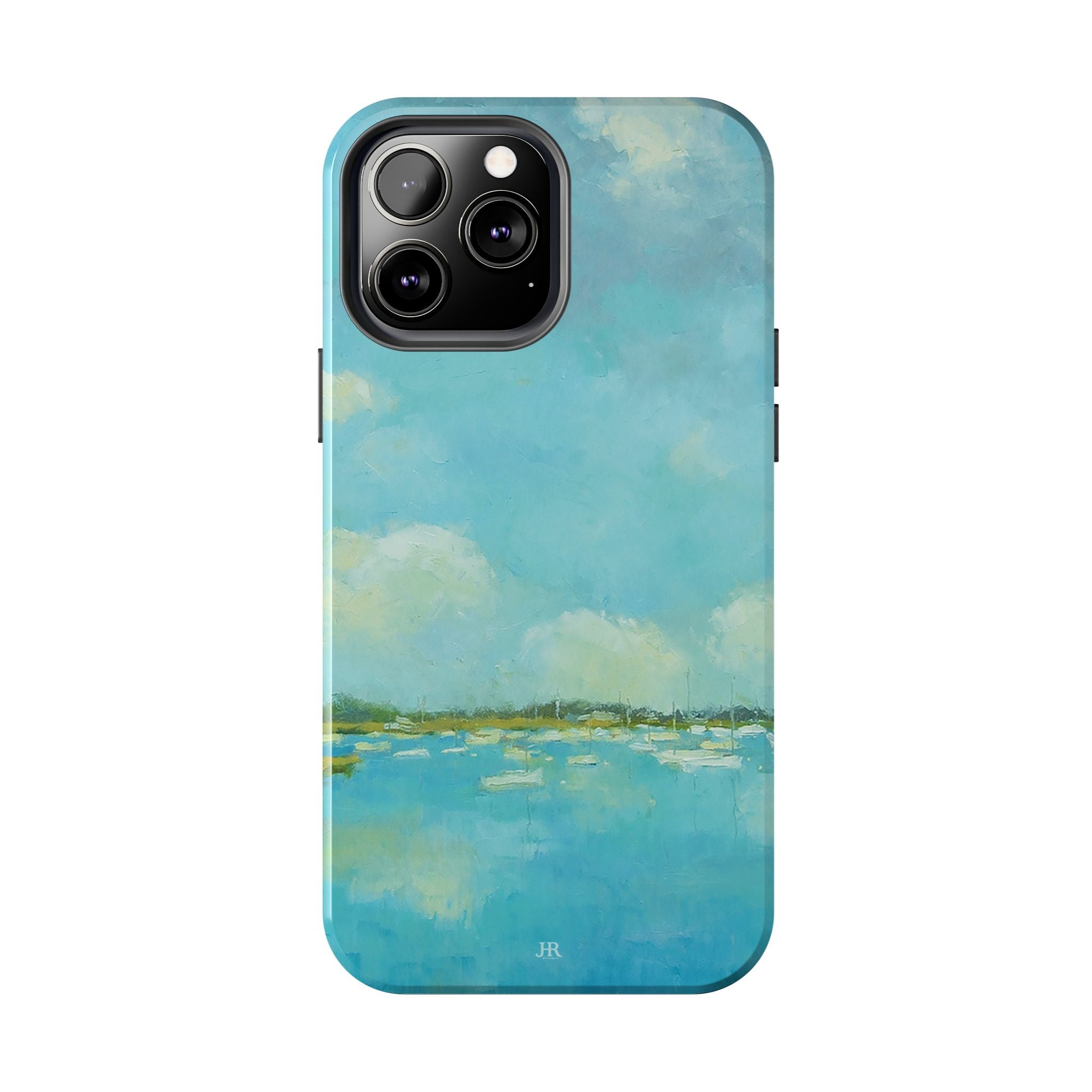 Phone case with painting by Jennifer Hansen Rolli of coastal blue water and sky with boats