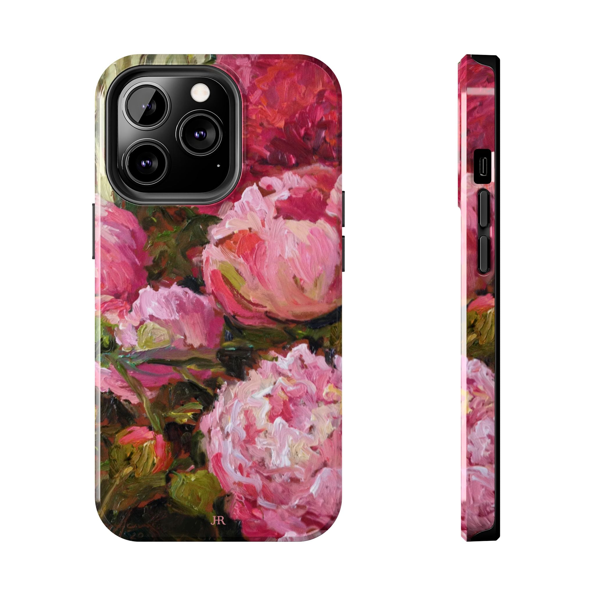 Phone case with pink and red peony floral painting  by Jennifer Hansen Rolli 