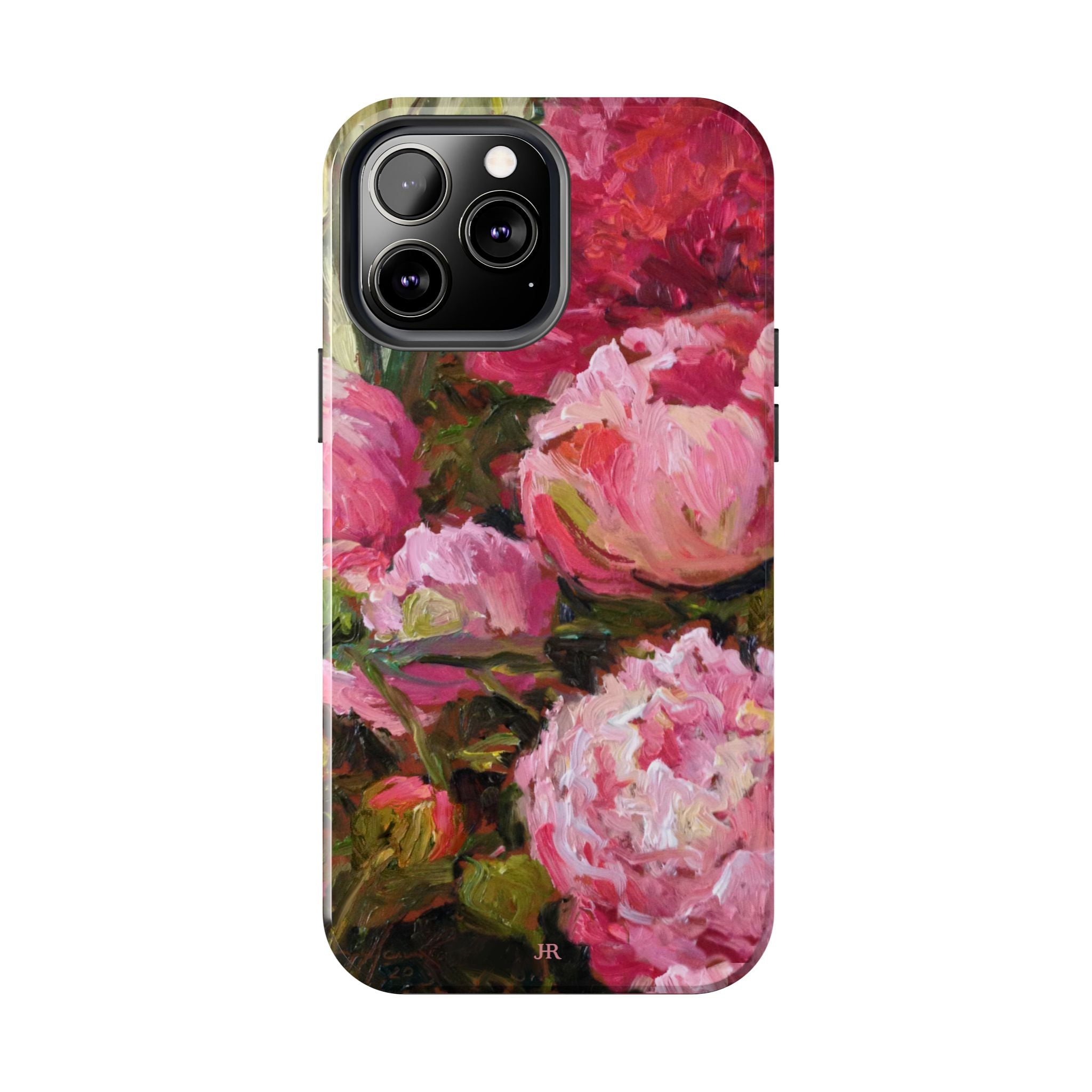 Phone case with pink and red peony floral painting  by Jennifer Hansen Rolli 