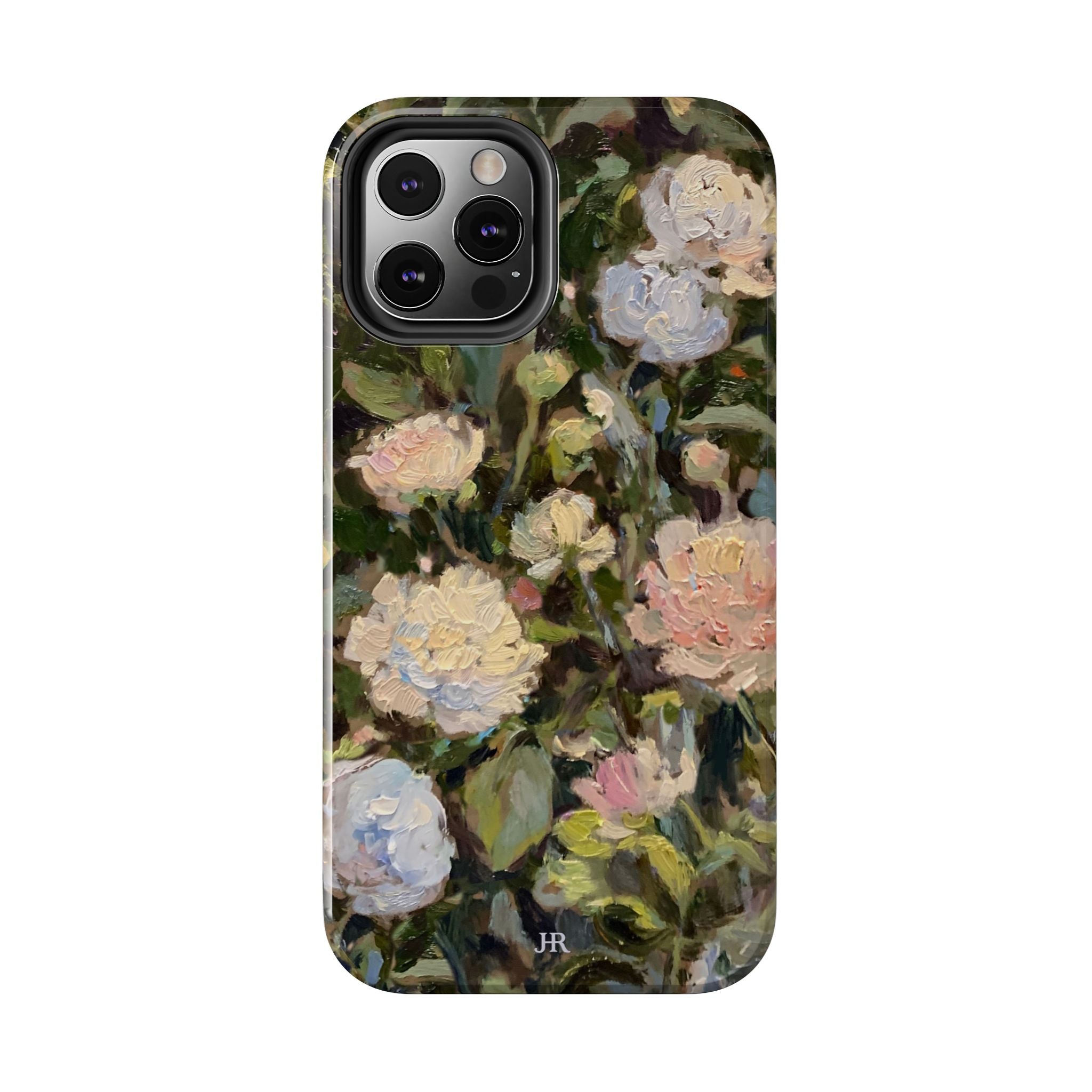 Phone case with Jennifer Hansen Rolli painted peonies on a garden  background