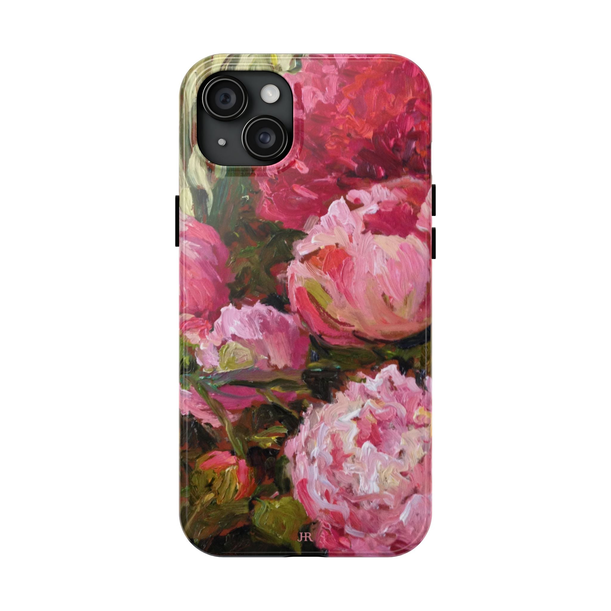 Phone case with pink and red peony floral painting  by Jennifer Hansen Rolli 