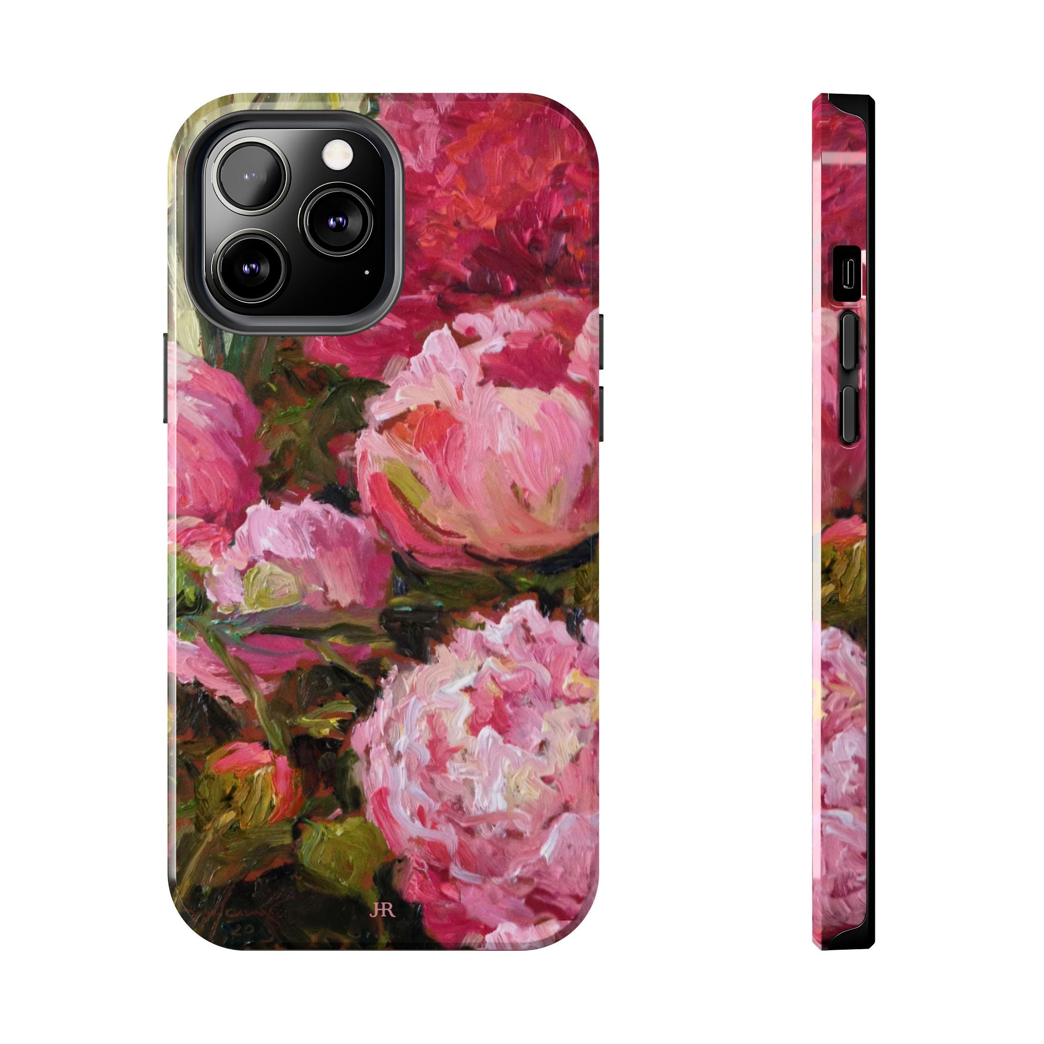 Phone case with pink and red peony floral painting  by Jennifer Hansen Rolli 
