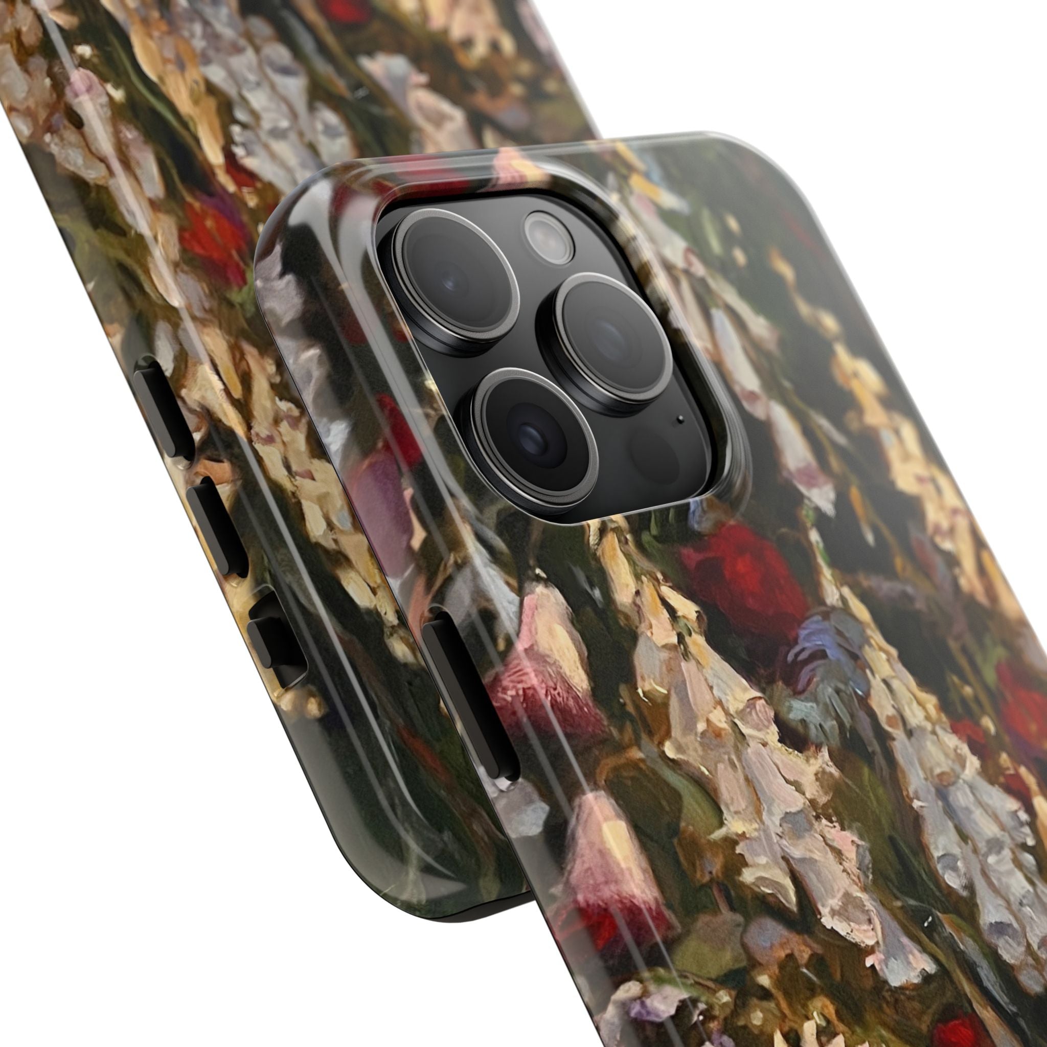 Close-up view of Phone case with painting of foxglove flowers by Jennifer Hansen Rolli