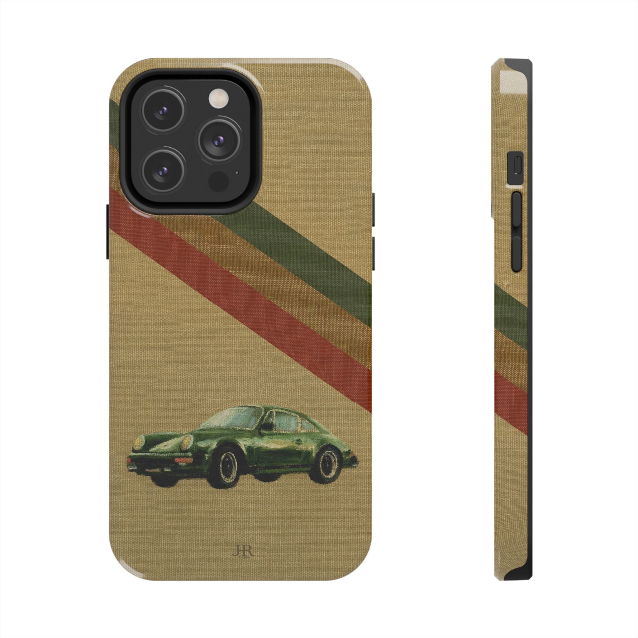 Phone case with a Porsche green car illustration on a beige linen background