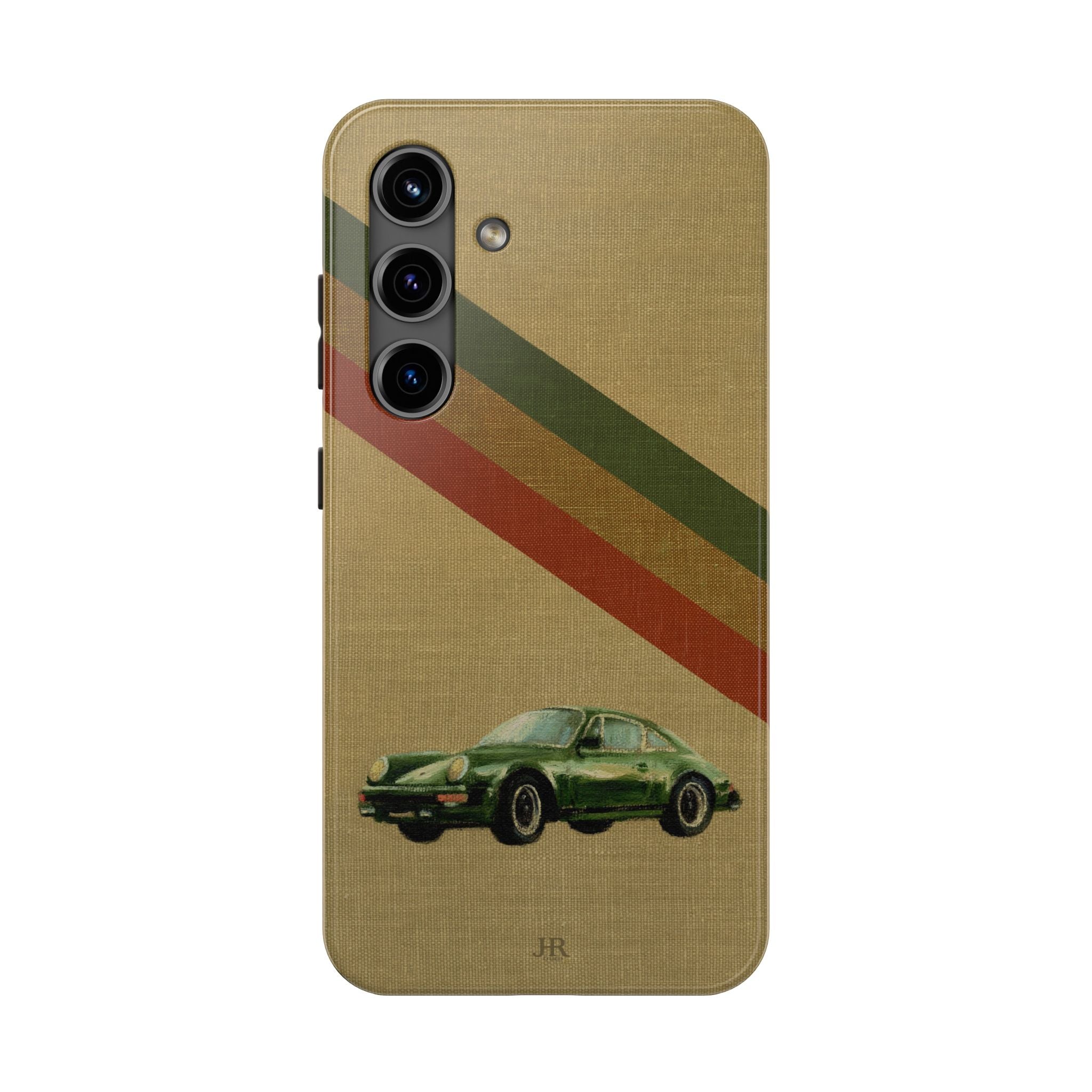 Phone case with a Porsche green car illustration on a beige linen background with racer stripes
