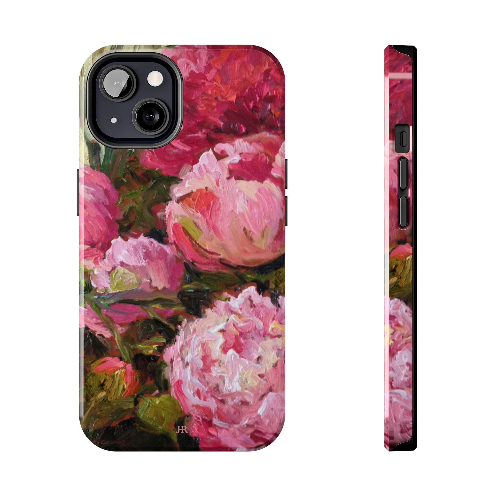 Phone case with pink and red peony floral painting  by Jennifer Hansen Rolli 