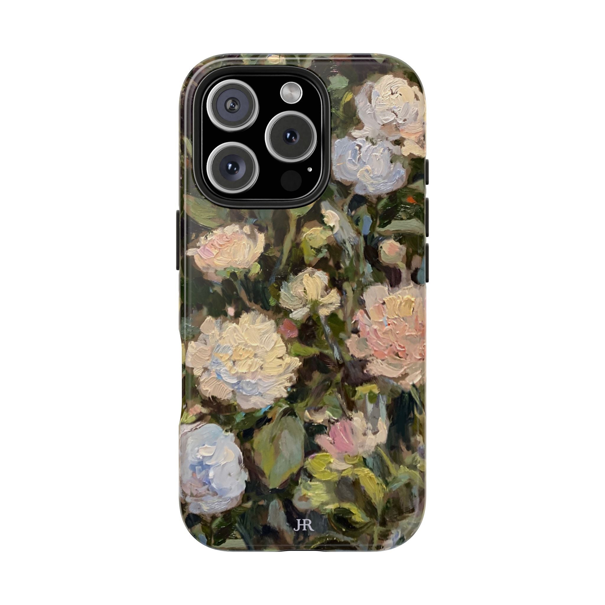 Phone case with Jennifer Hansen Rolli painted peonies on a garden  background