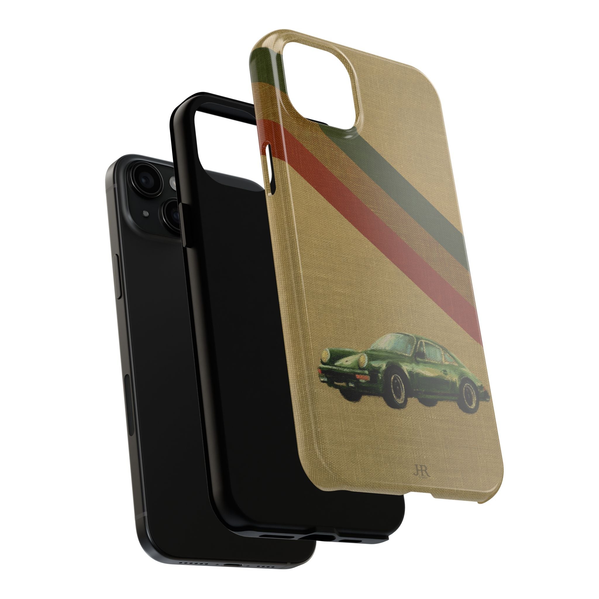Phone case with a vintage car design on a beige background
