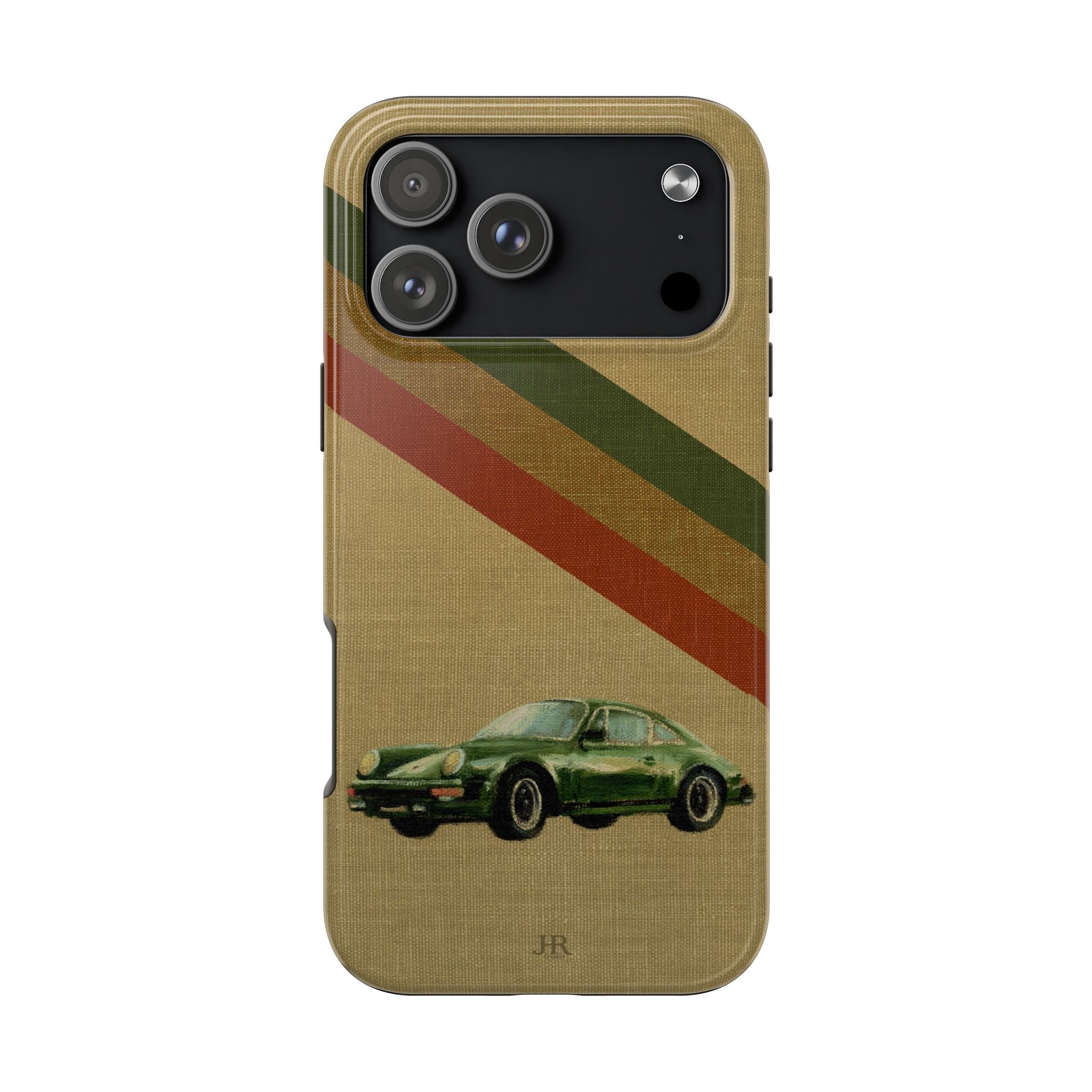 Phone case with a Porsche green car illustration on a beige linen background with racer stripes