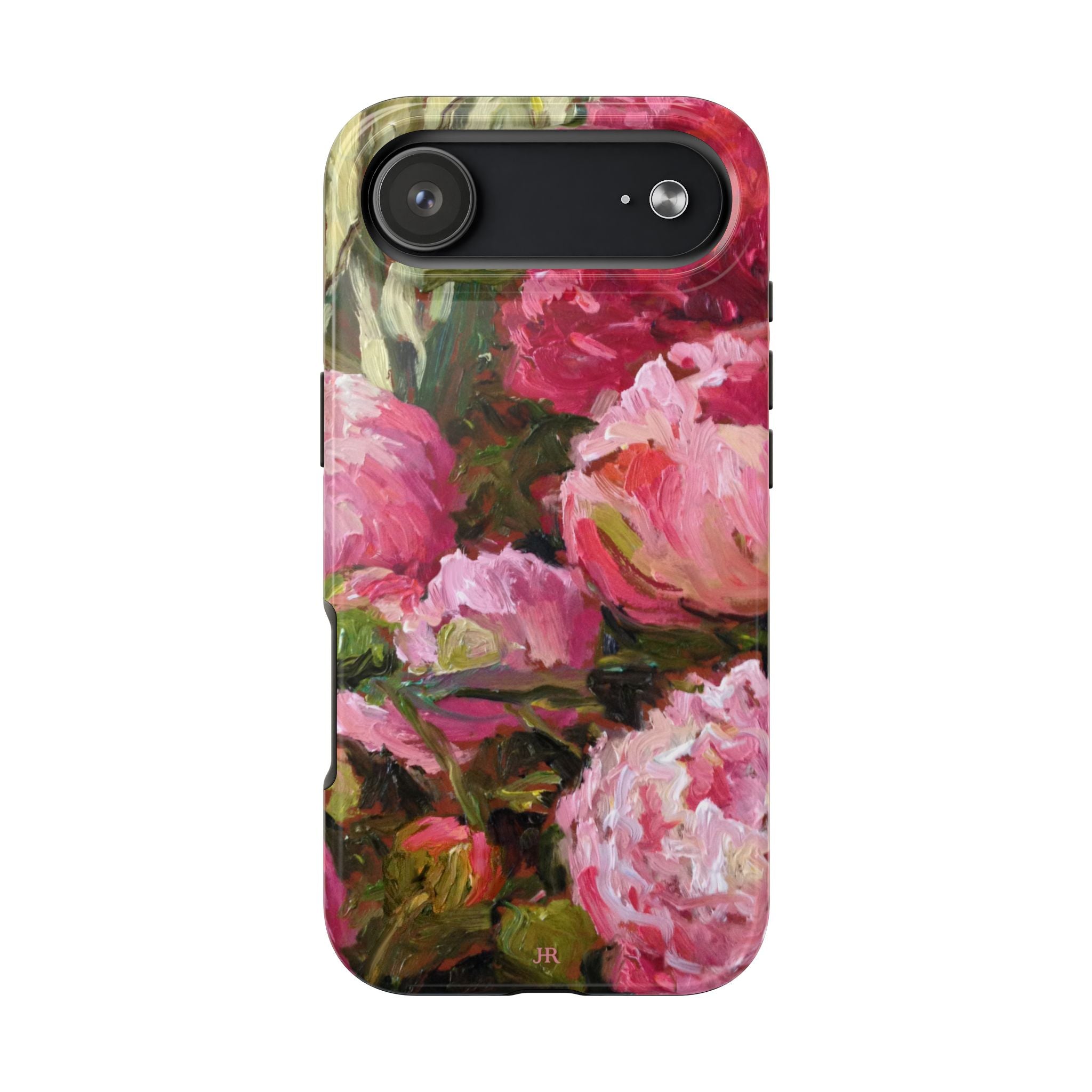 Phone case with pink and red peony floral painting  by Jennifer Hansen Rolli 