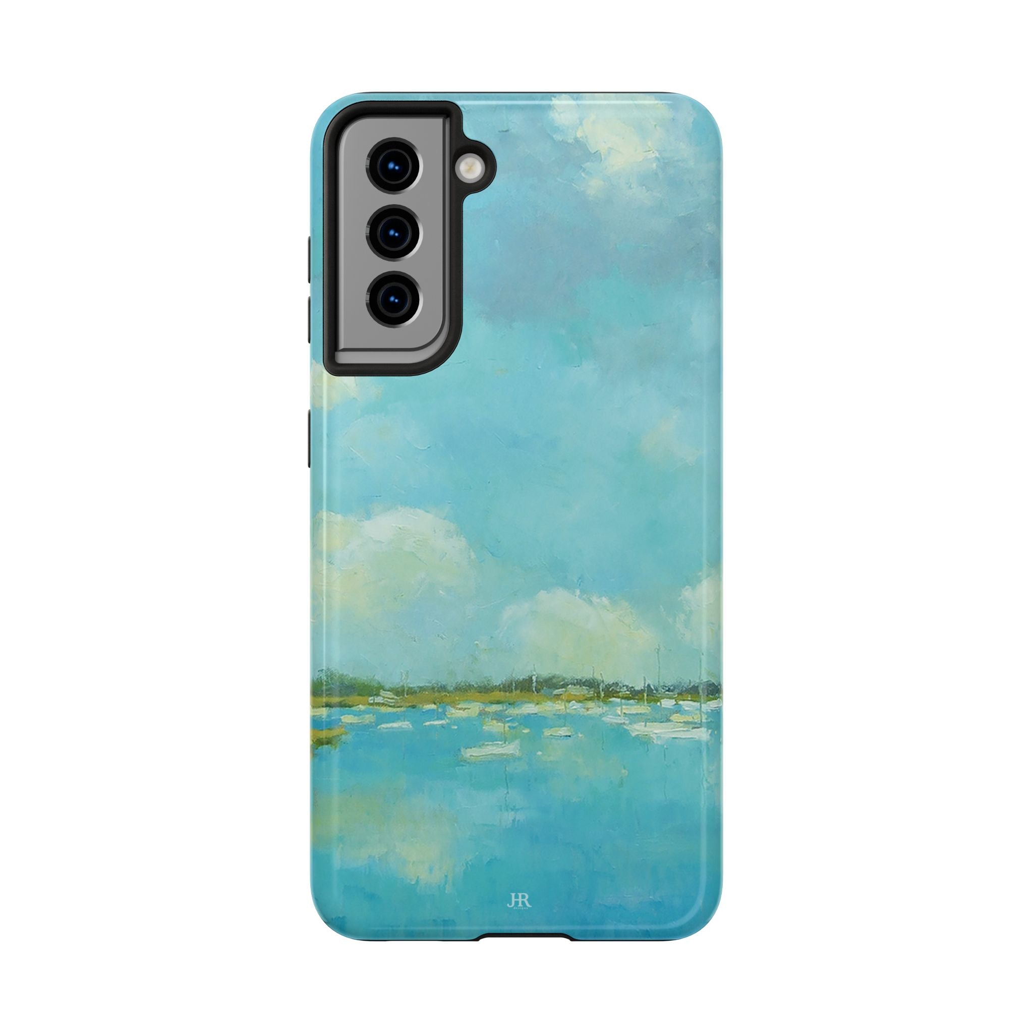 Phone case with painting by Jennifer Hansen Rolli of beachy coastal  blue water and sky with boats