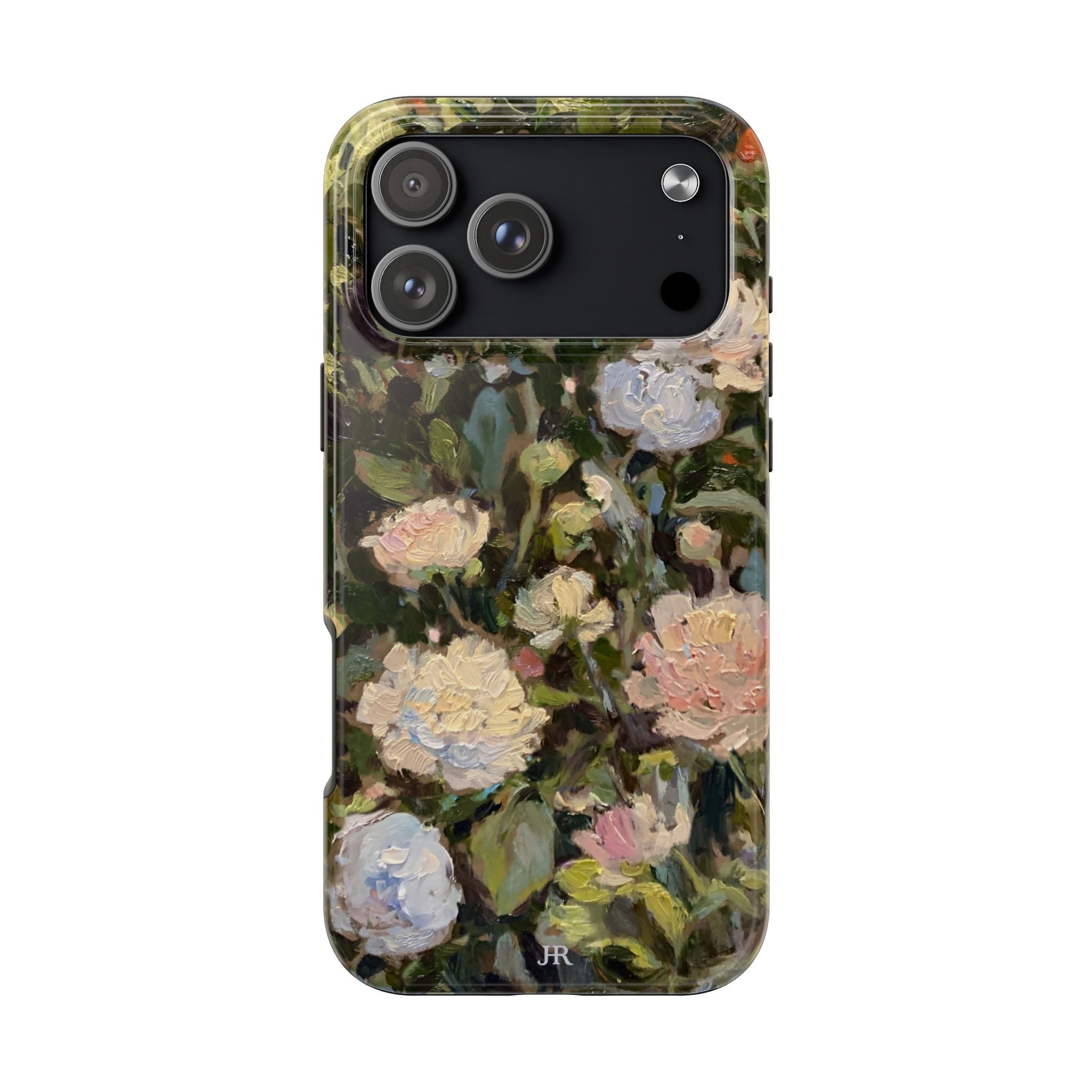 Phone case with Jennifer Hansen Rolli painted peonies on a garden  background
