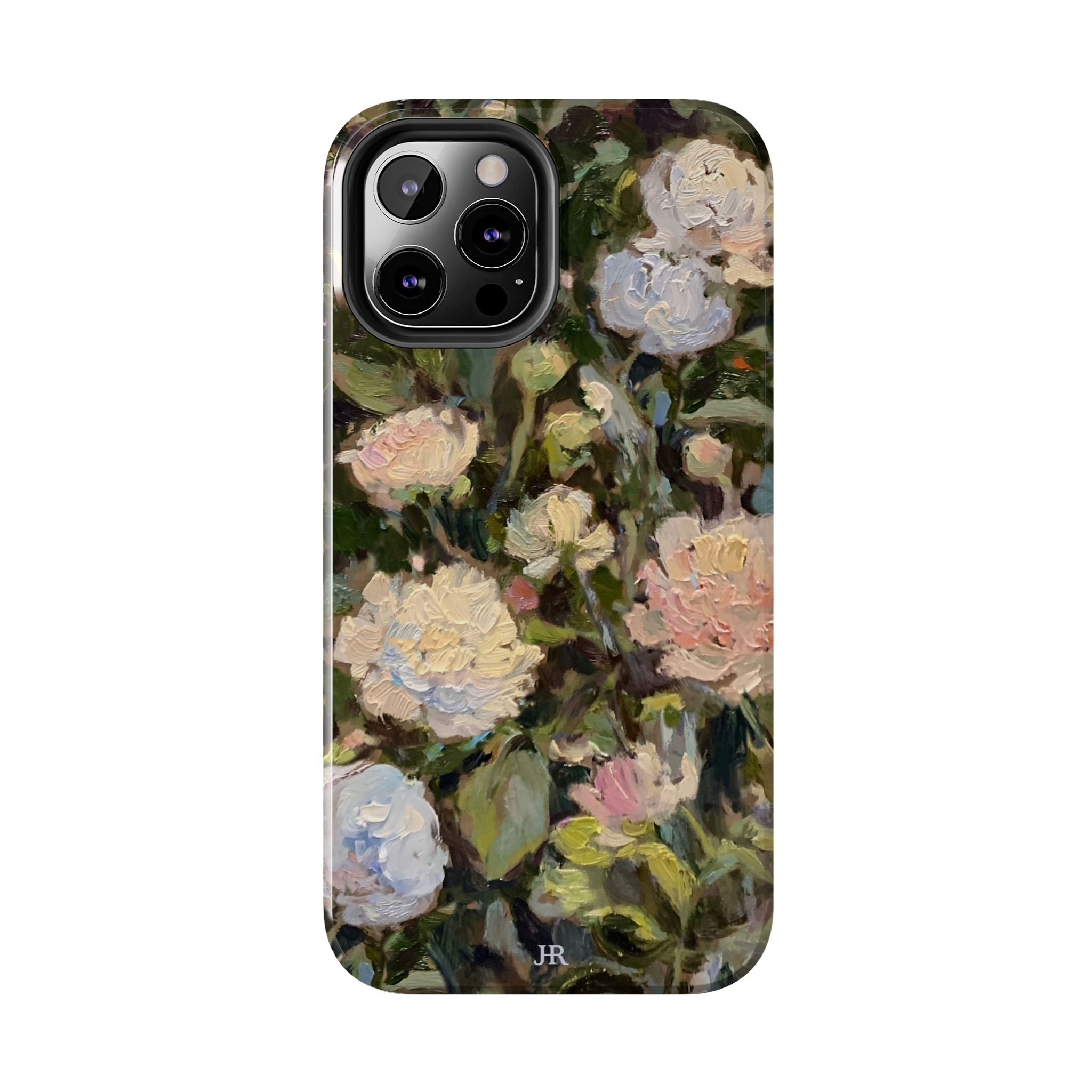 Phone case with Jennifer Hansen Rolli painted peonies on a garden  background