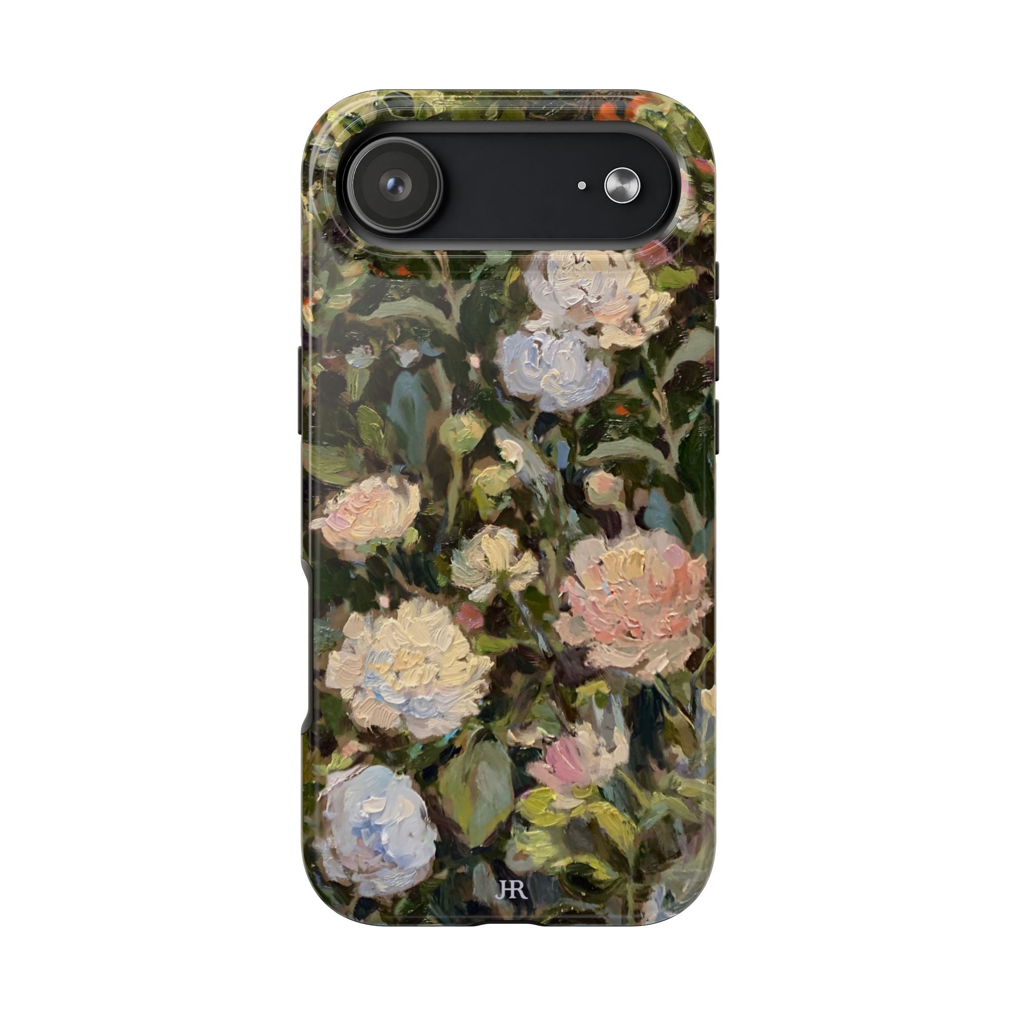Phone case with Jennifer Hansen Rolli painted peonies on a garden  background