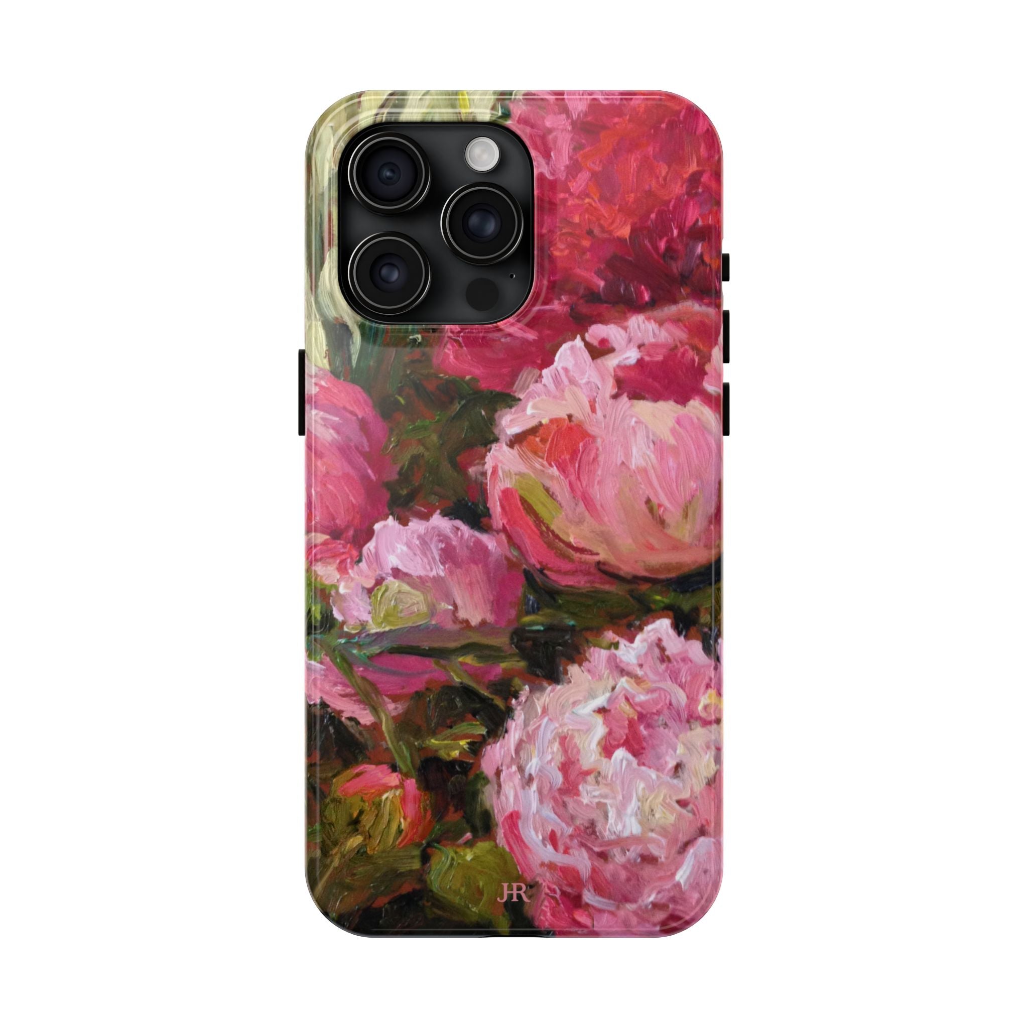 Phone case with pink and red peony floral painting  by Jennifer Hansen Rolli 