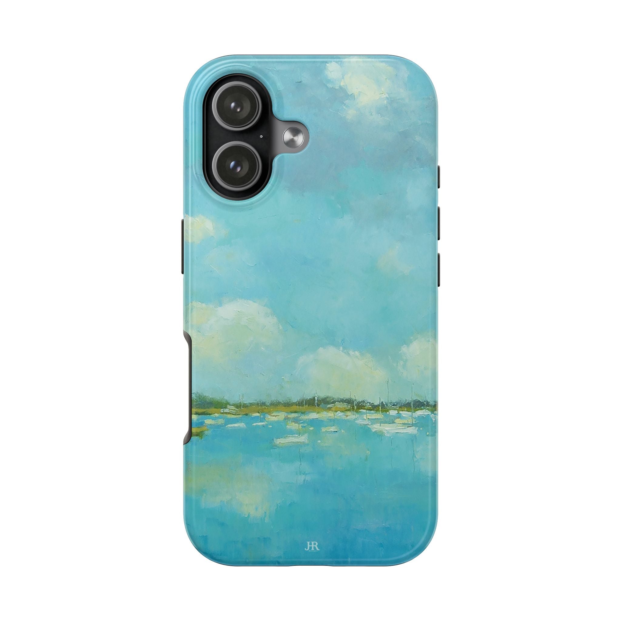 Phone case with painting by Jennifer Hansen Rolli of beachy coastal  blue water and sky with boats