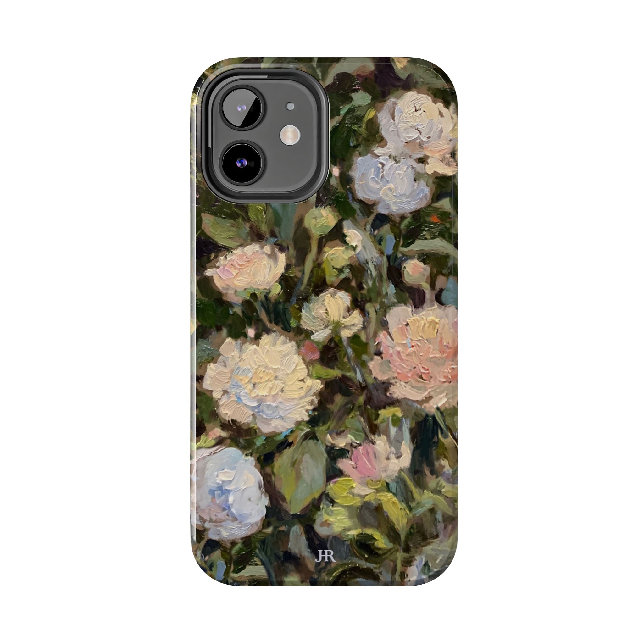 Phone case with Jennifer Hansen Rolli painted peonies on a garden  background