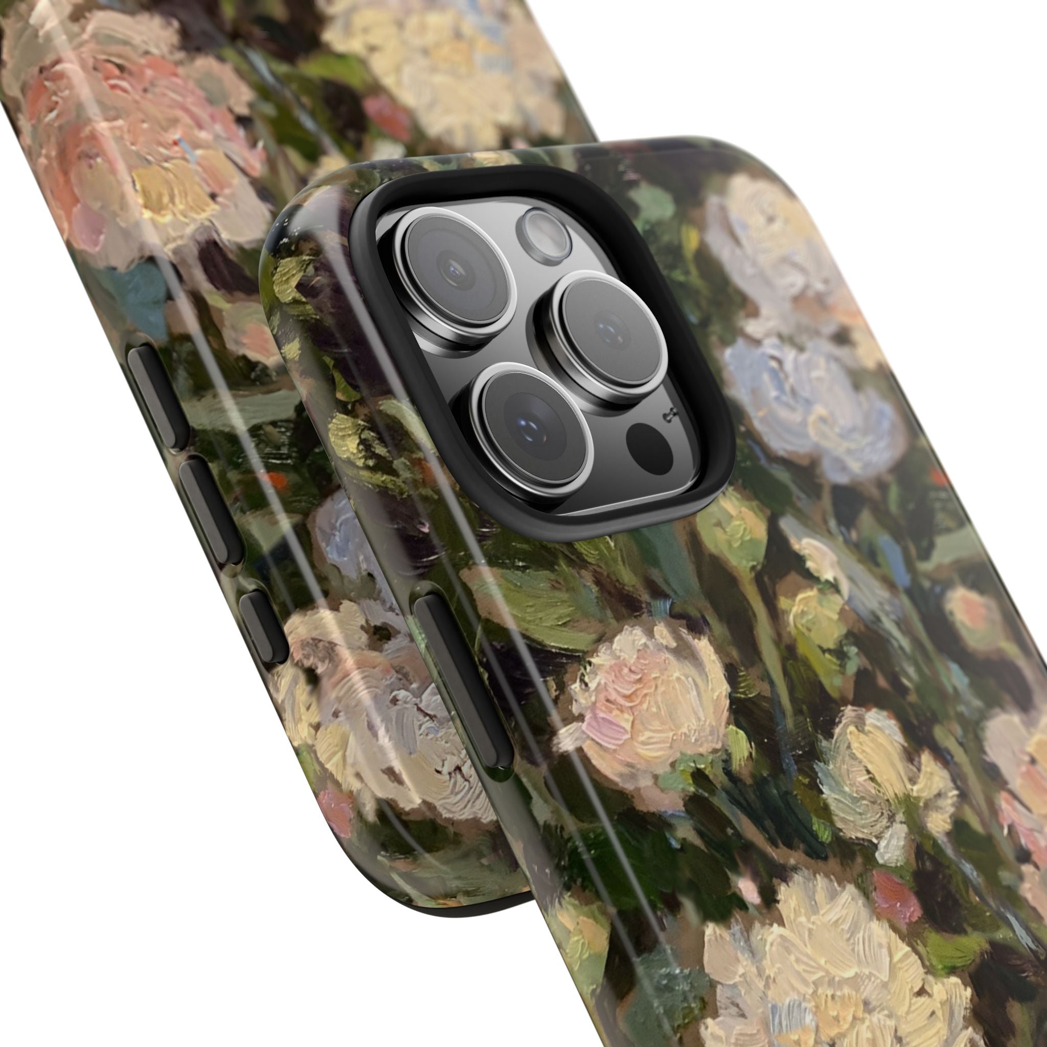 Phone case with Jennifer Hansen Rolli painted peonies on a garden  background