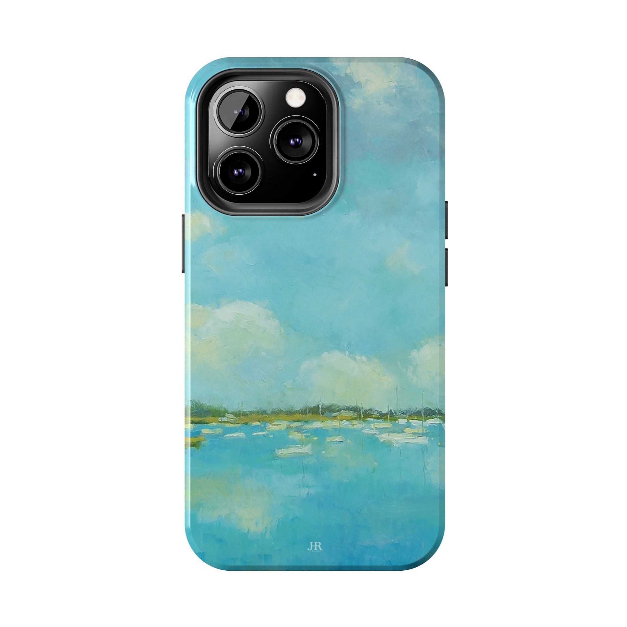 Phone case with painting by Jennifer Hansen Rolli of coastal blue water and sky with boats