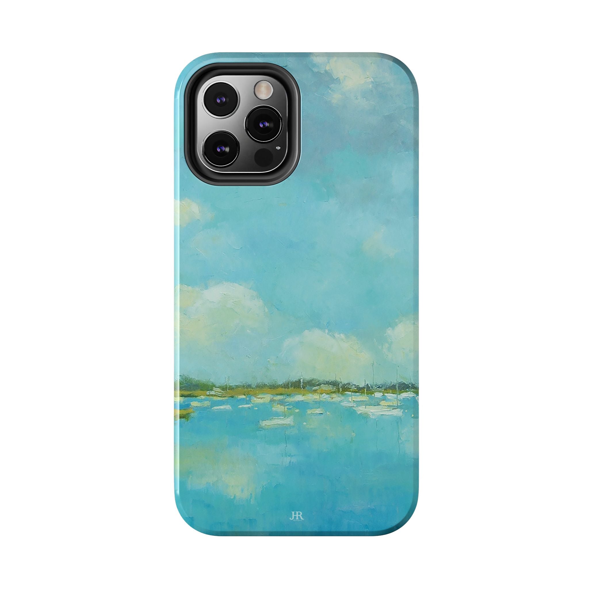 Phone case with painting by Jennifer Hansen Rolli of coastal blue water and sky with boats