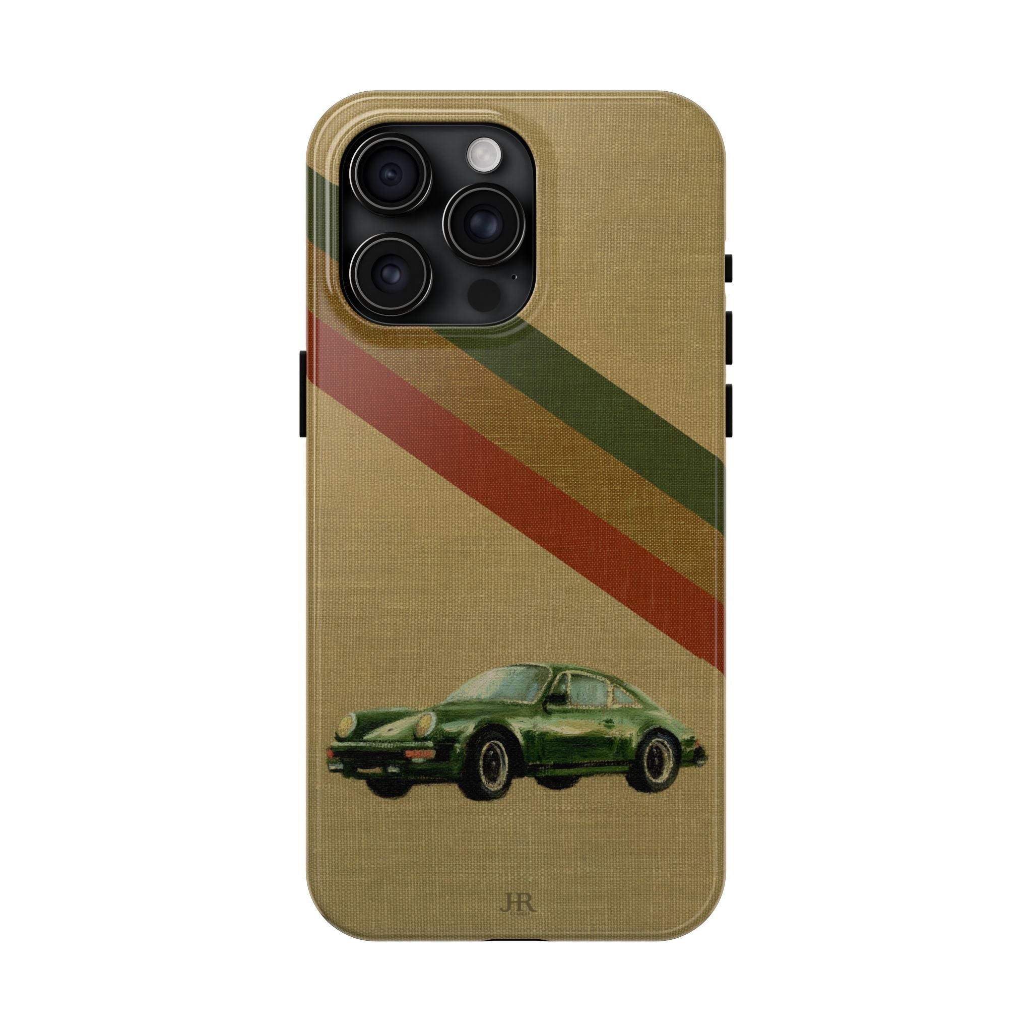 Phone case with a Porsche green car illustration on a beige linen background with racer stripes