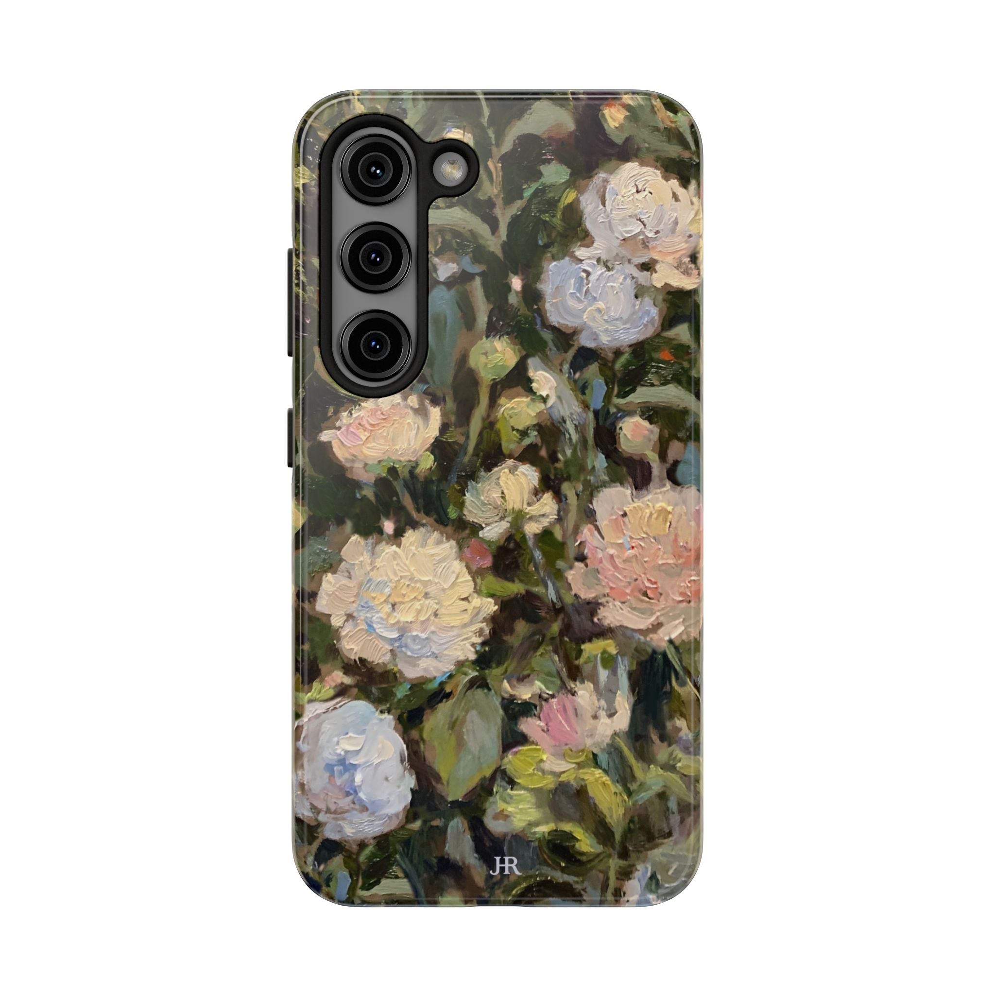 Phone case with Jennifer Hansen Rolli painted peonies on a garden  background