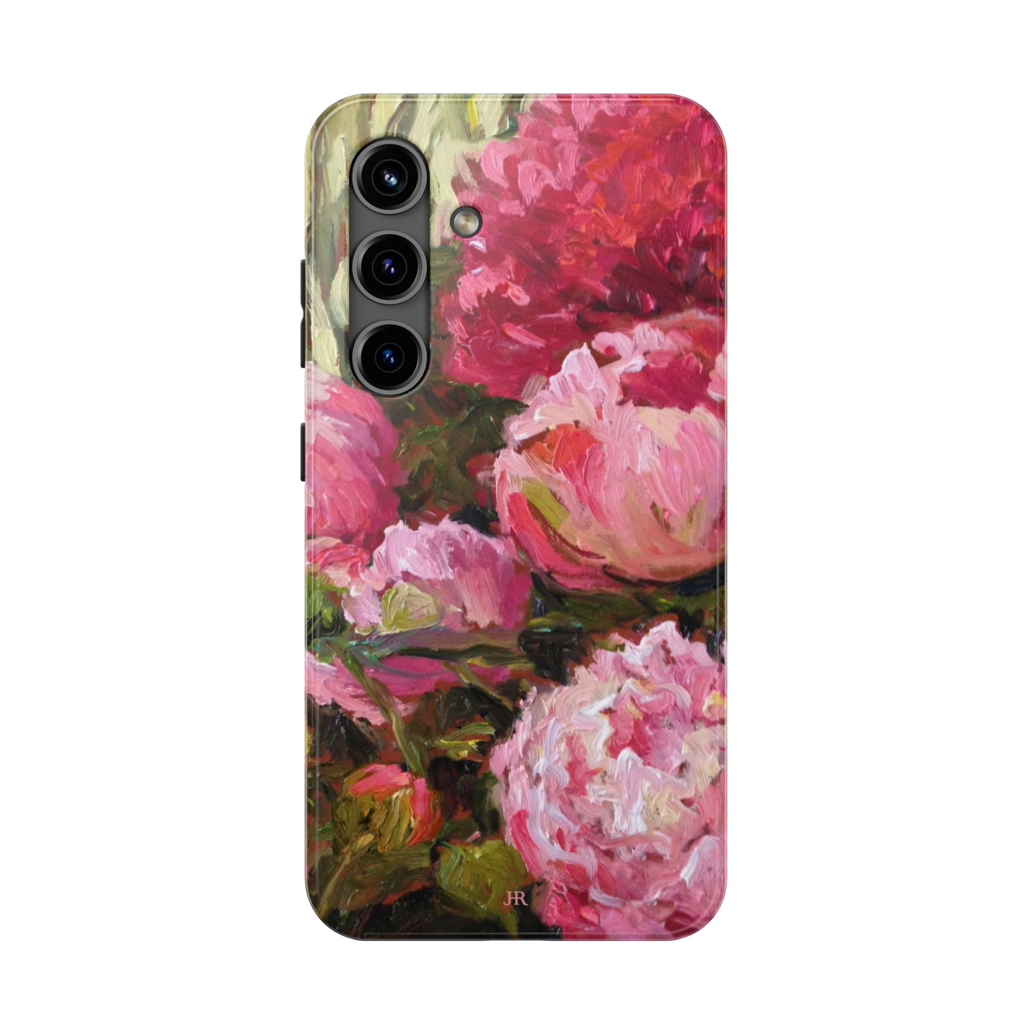 Phone case with pink and red peony floral painting  by Jennifer Hansen Rolli 