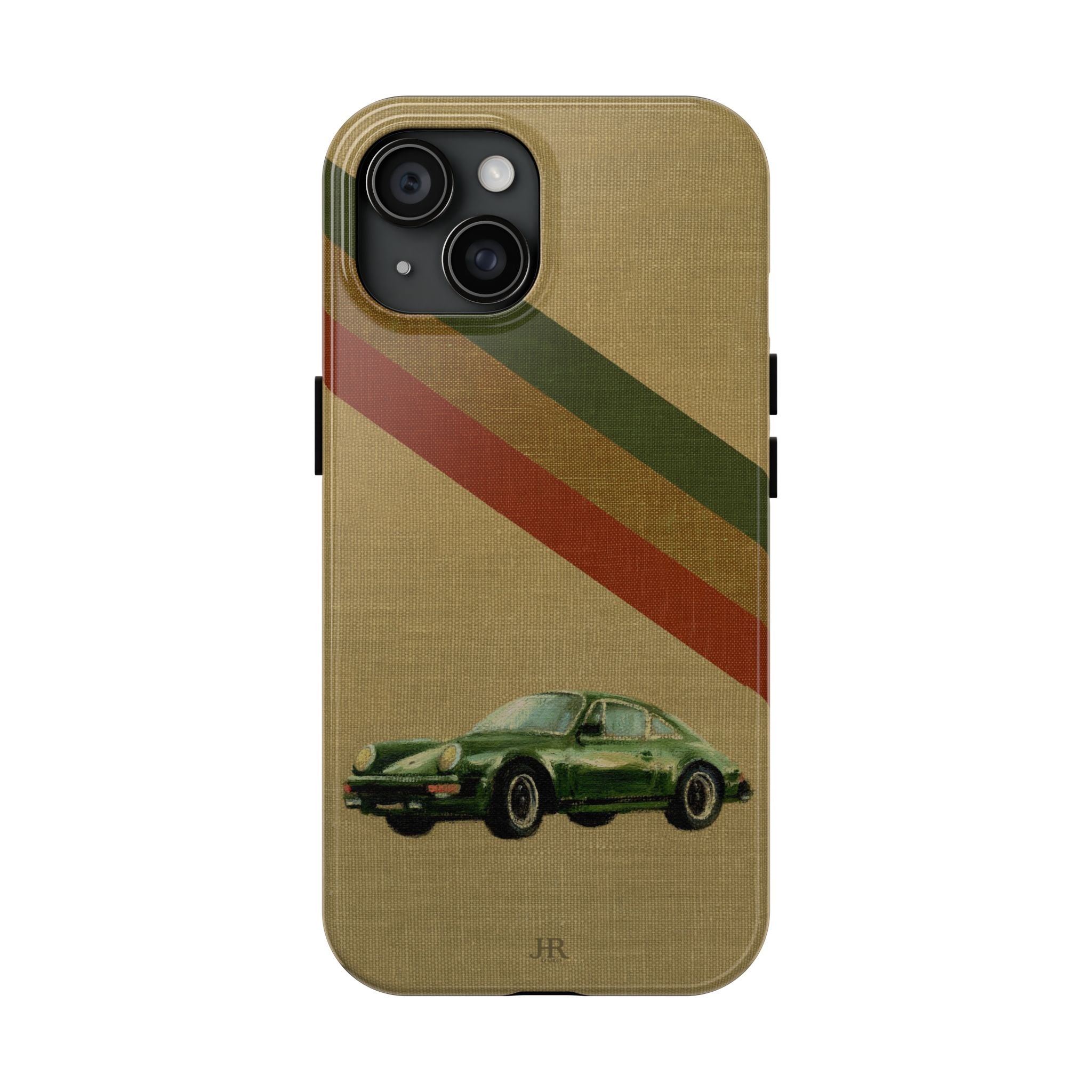 Phone case with a Porsche green car illustration on a beige linen background