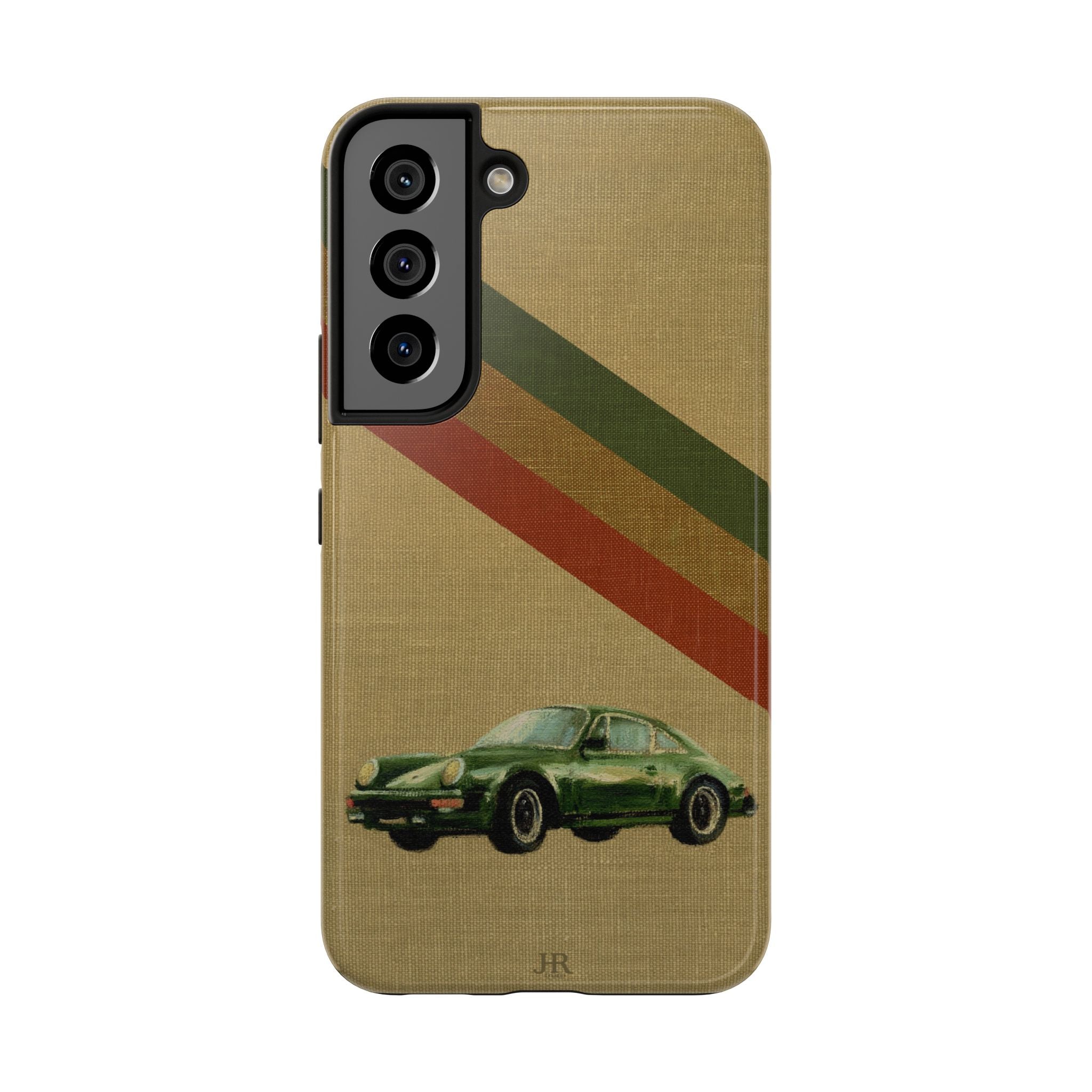 Phone case with a Porsche green car illustration on a beige linen background with racer stripes