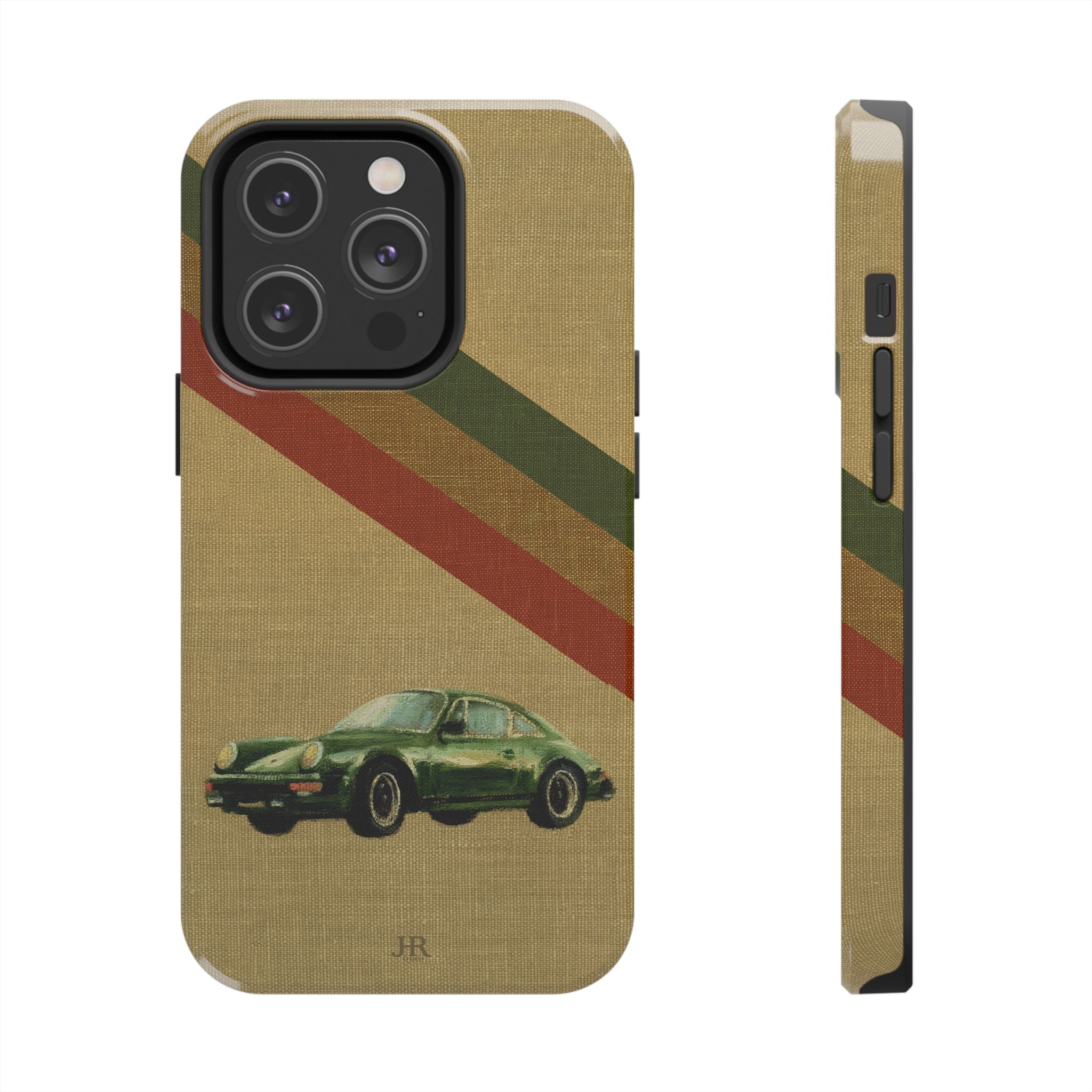 Phone case with a Porsche green car illustration on a beige linen background