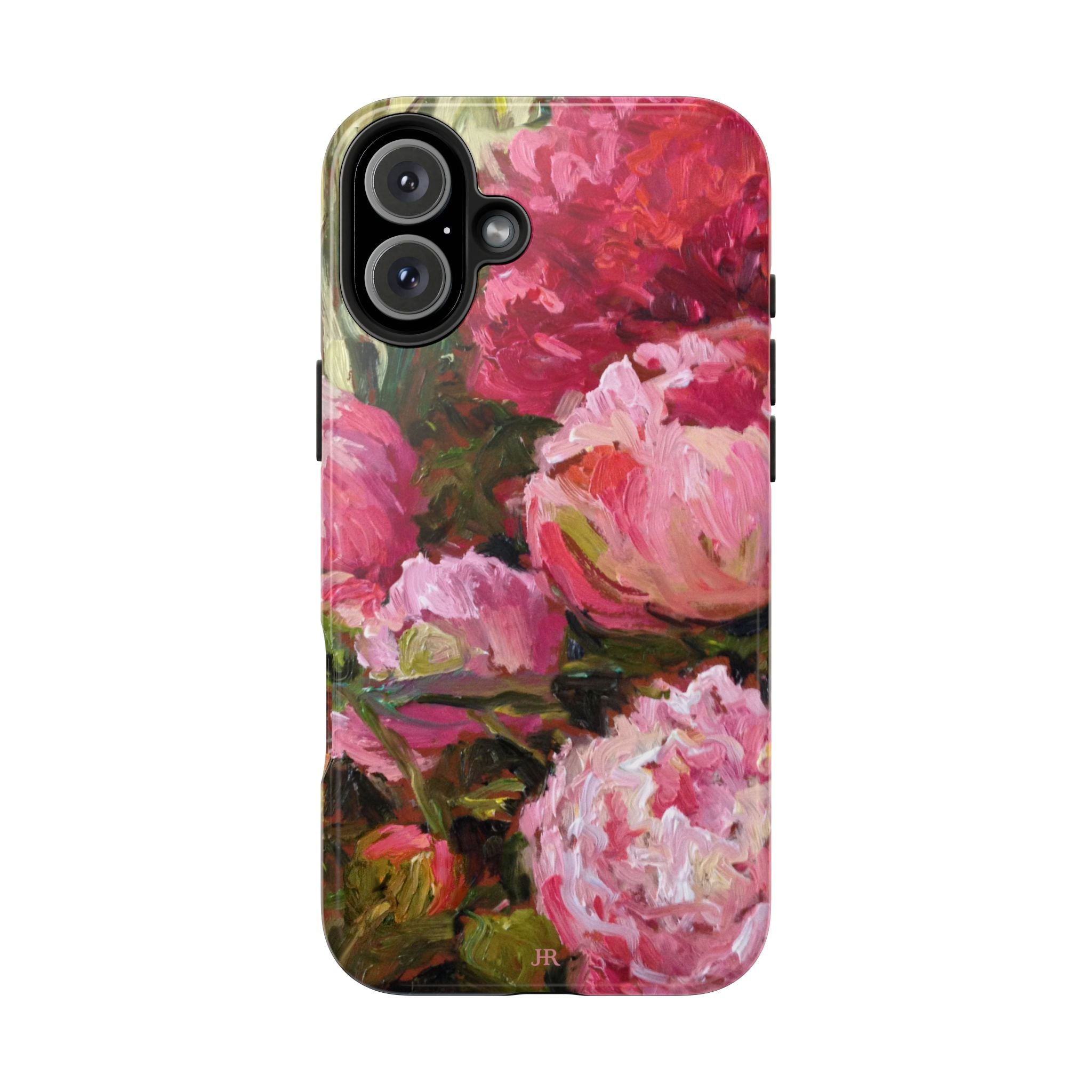Phone case with pink and red peony floral painting  by Jennifer Hansen Rolli 