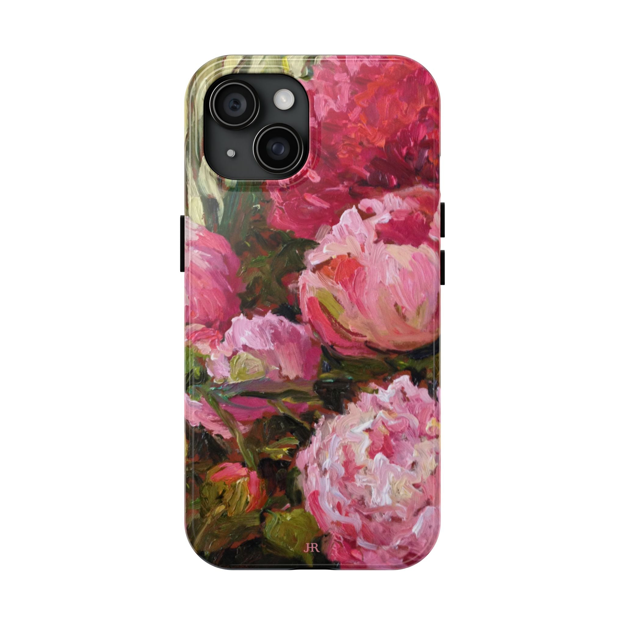 Phone case with pink and red peony floral painting  by Jennifer Hansen Rolli 